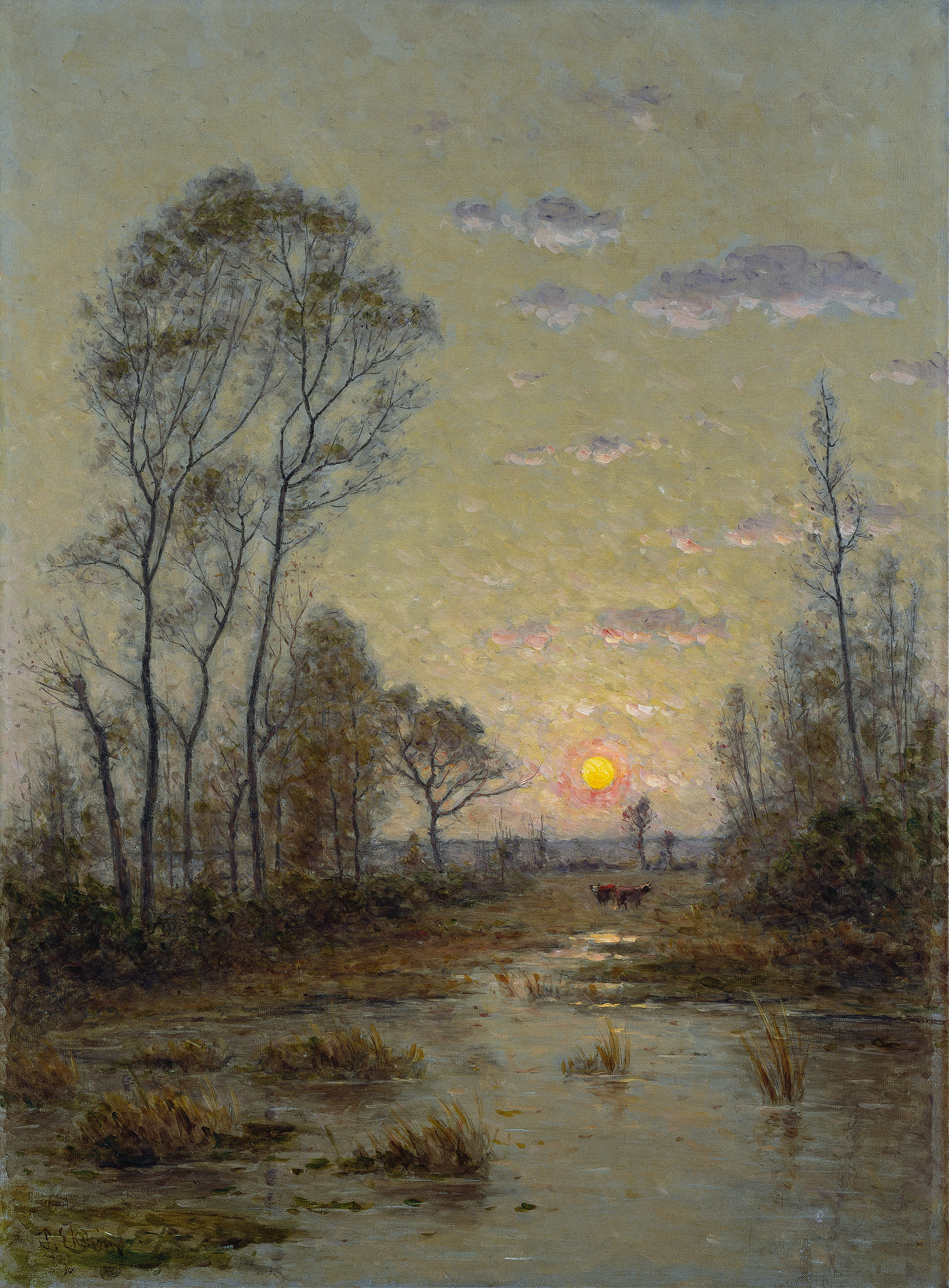 Two cows in an evening landscape, oil on canvas by Per Ekström