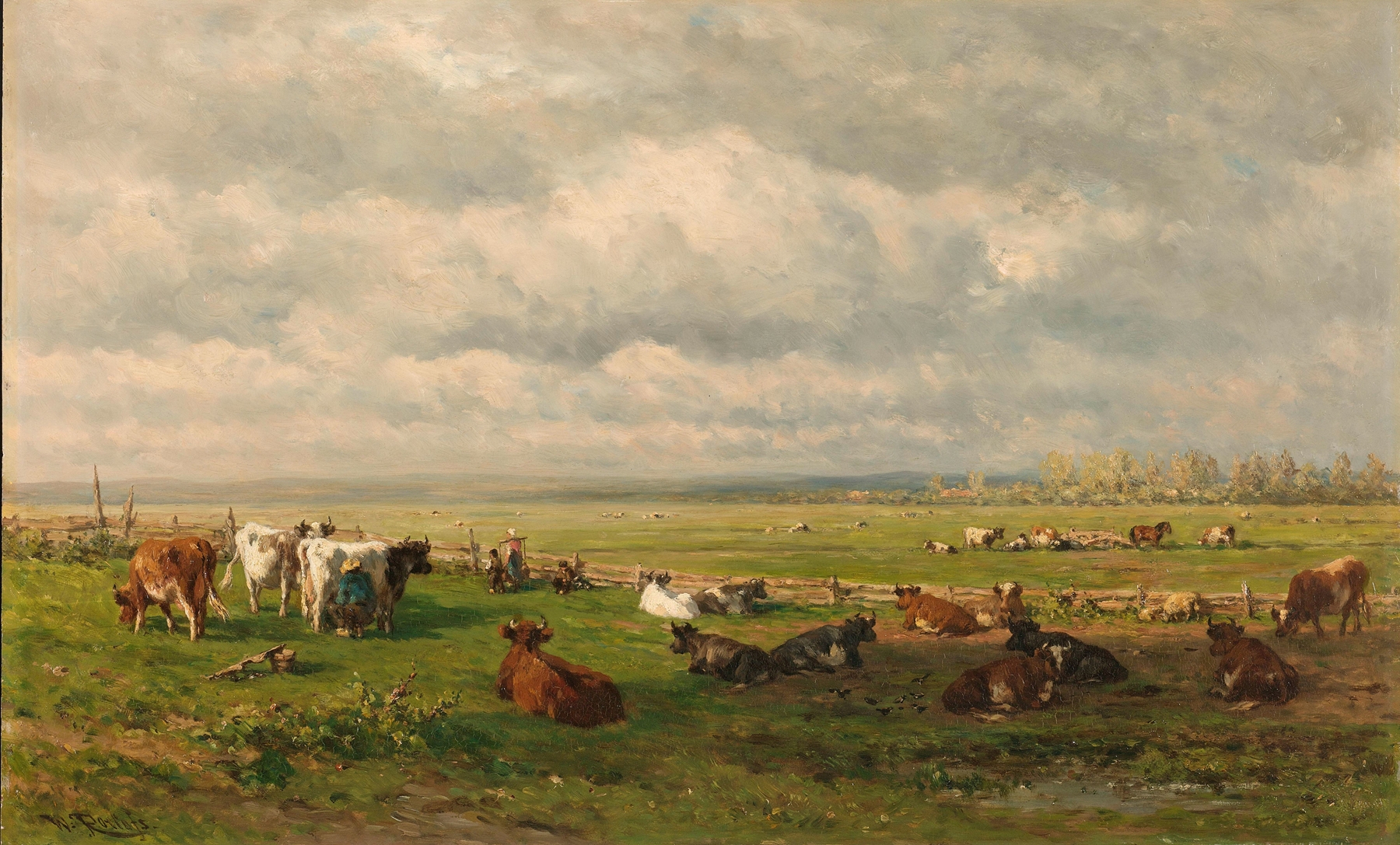 Meadow landscape with cattle, oil on canvas by Willem Roelofs