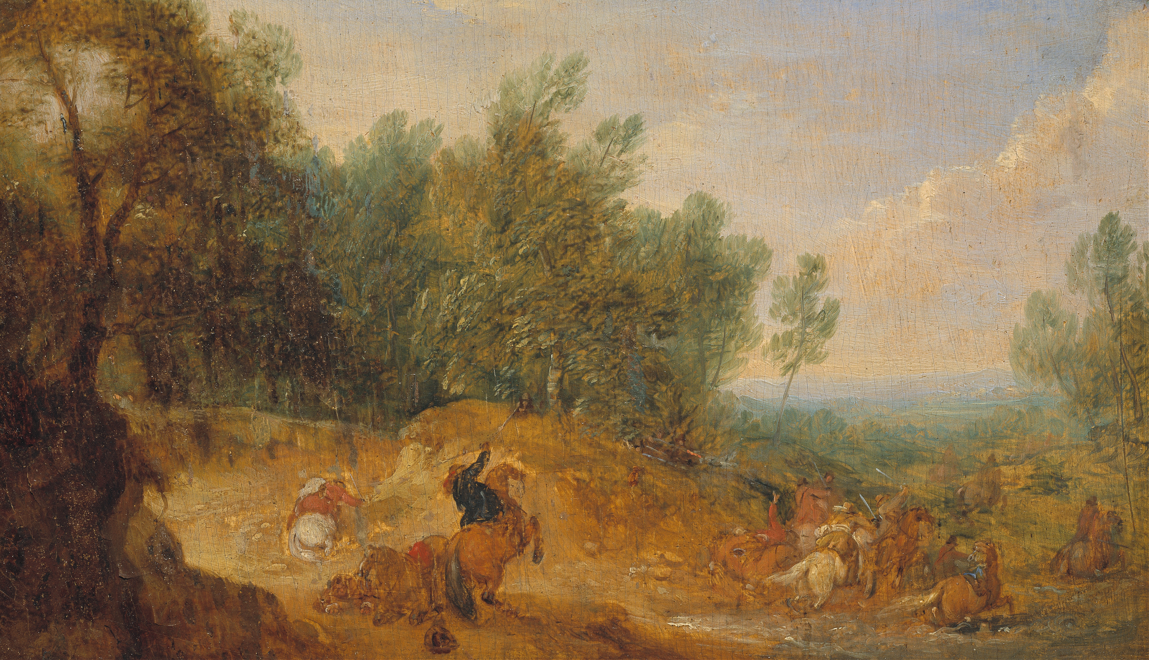 Historical scene with riders at a riverbank, oil painting by Adam Frans van der Meulen