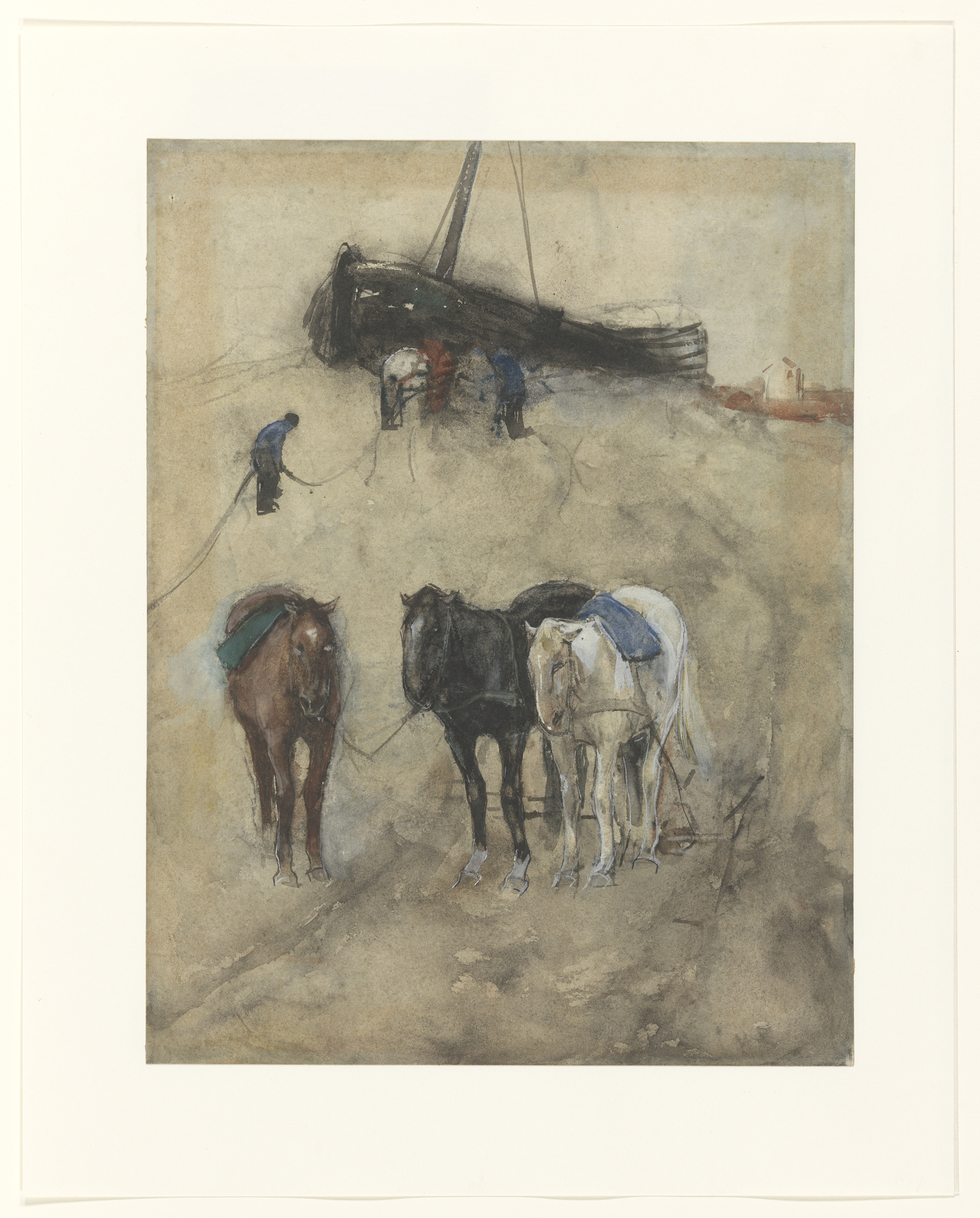 Paarden op het strand, op de achtergrond een schuit en vissers, by George Hendrik Breitner, public domain