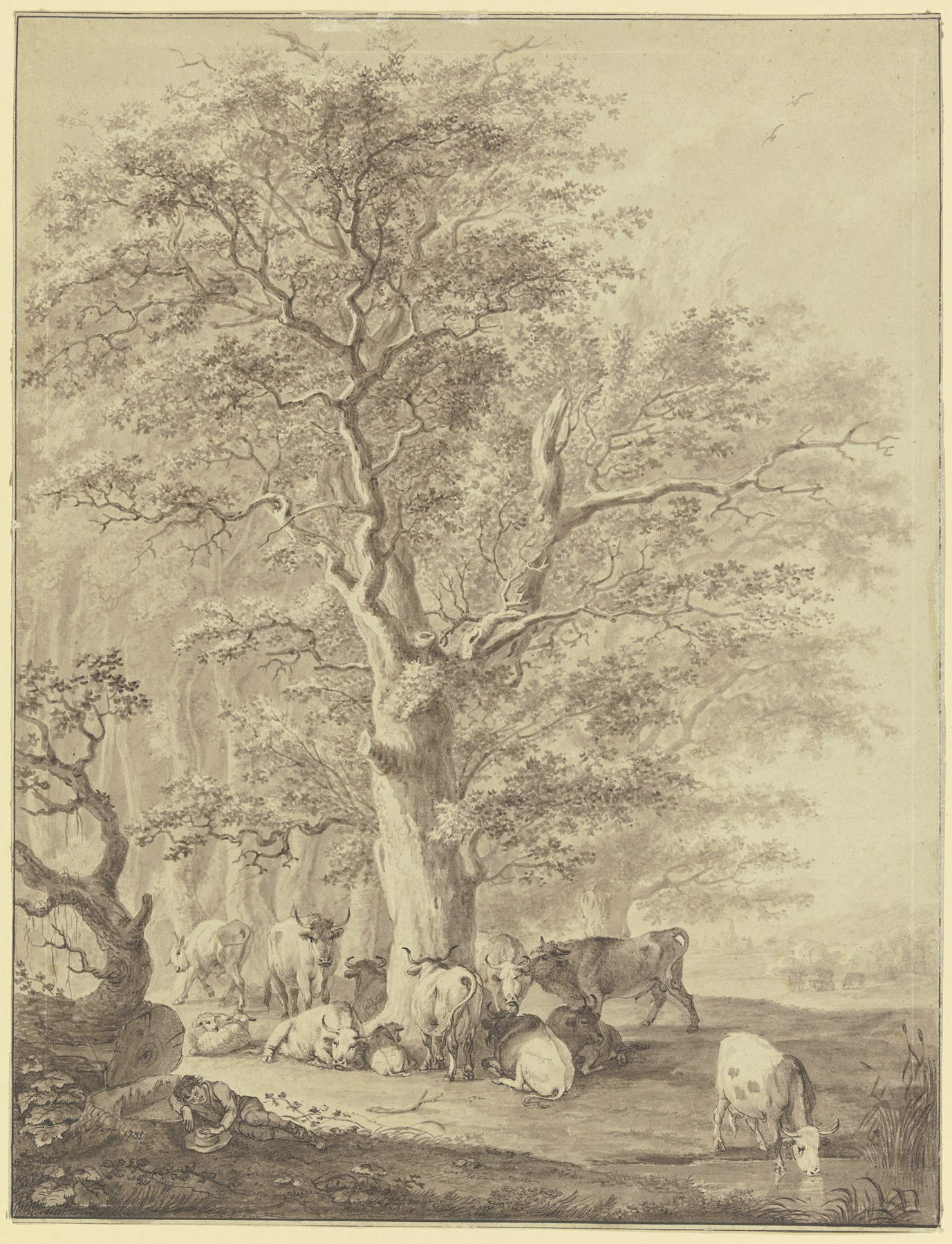 Cattle and sheep resting under an oak tree, oil on canvas by Johann Georg Pforr