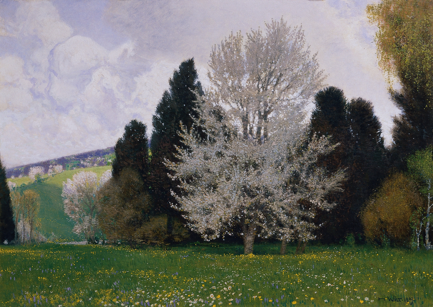 Frühling im Wienerwald by Hans Wilt, oil on canvas depicting a tranquil forest scene.