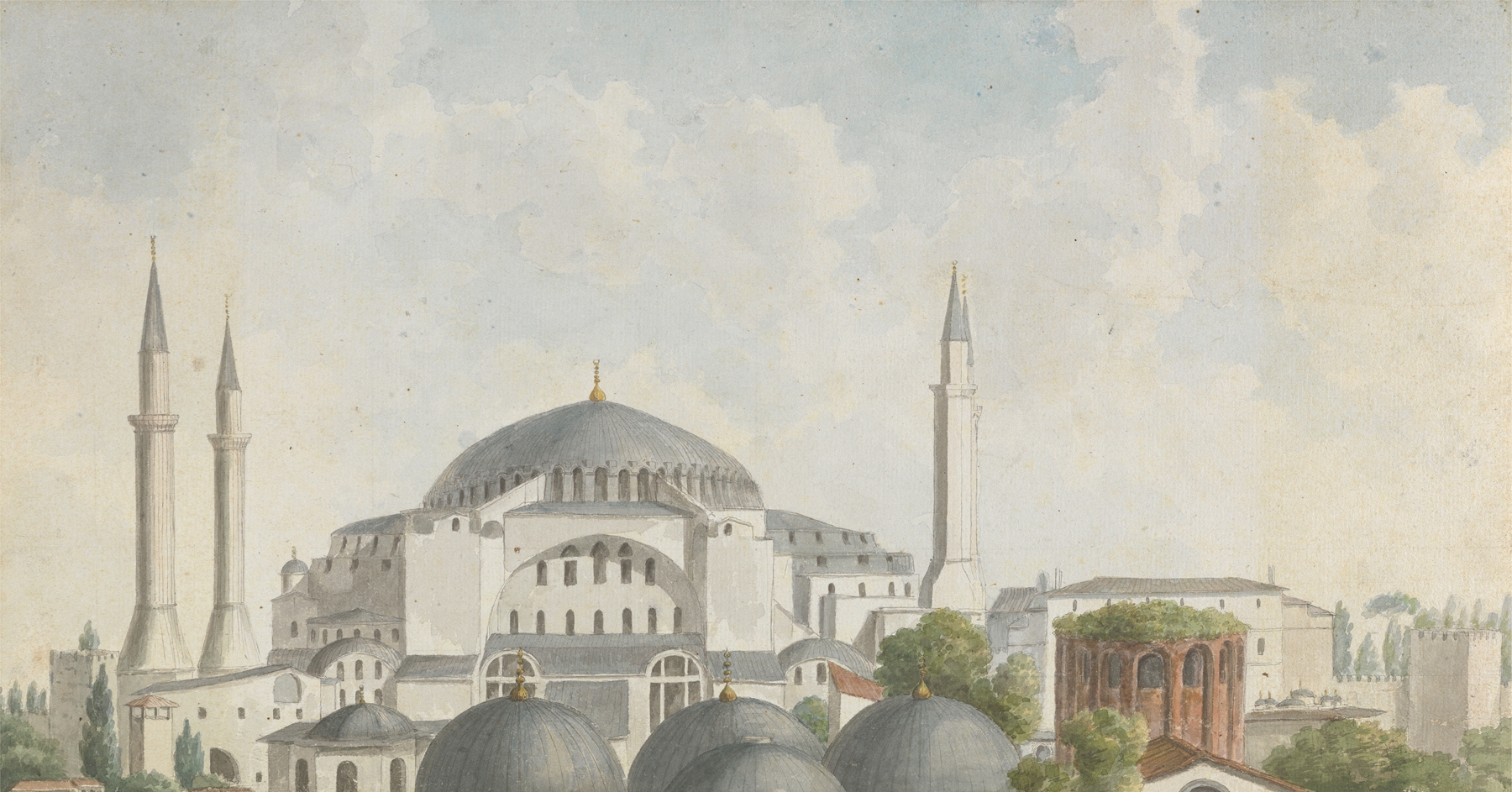 Oil painting by Willey Reveley depicting Hagia Sophia's domes and spires at twilight