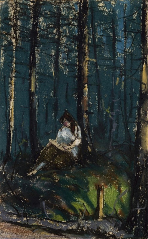A woman reading in a lush forest setting.