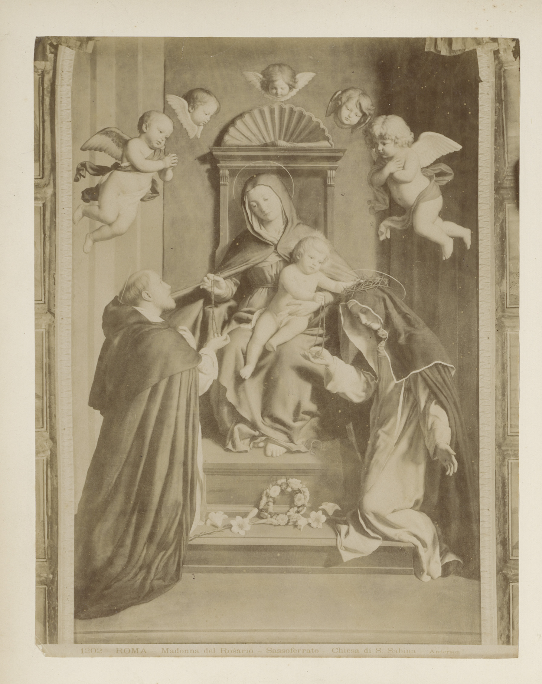 Fotoreproductie van schilderij Madonna del Rosario door Sassoferrato in de Santa Sabina te Rome, by James Anderson, public domain