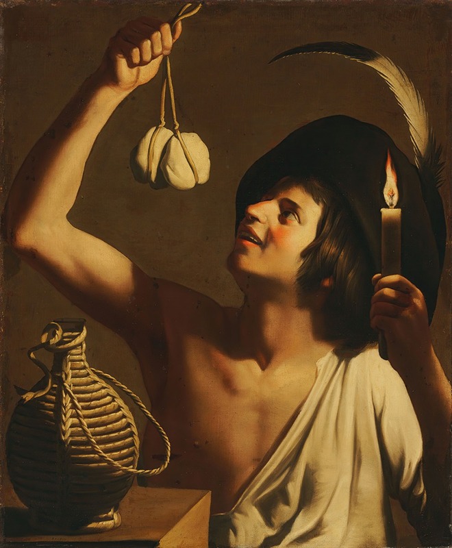 A young man holds a candle and scamorza cheese, symbolizing the Dutch Golden Age's focus on everyday life.