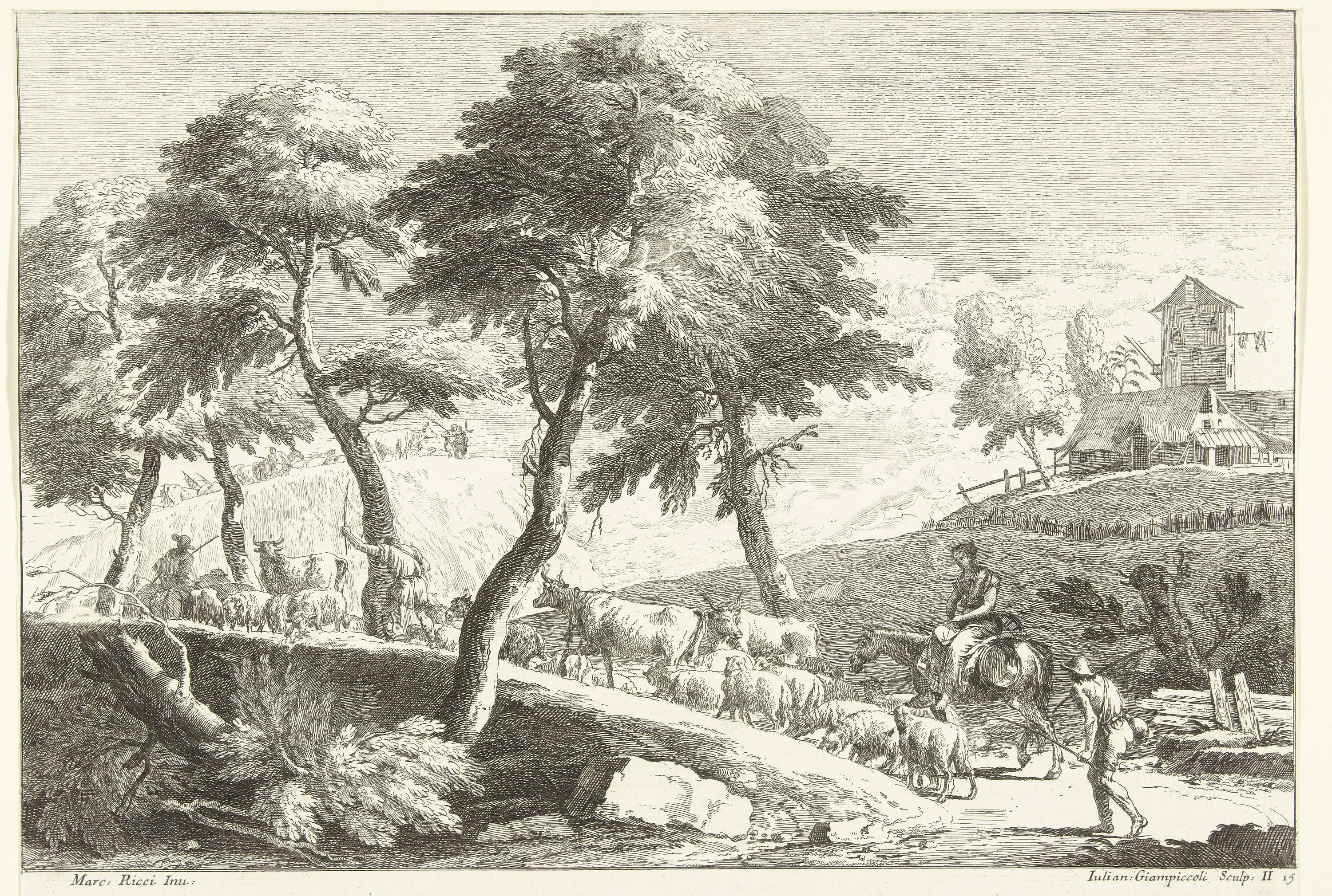 Heuvellandschap met herders en vee, etching by Giuliano Giampiccoli depicting shepherds and cattle in a landscape.