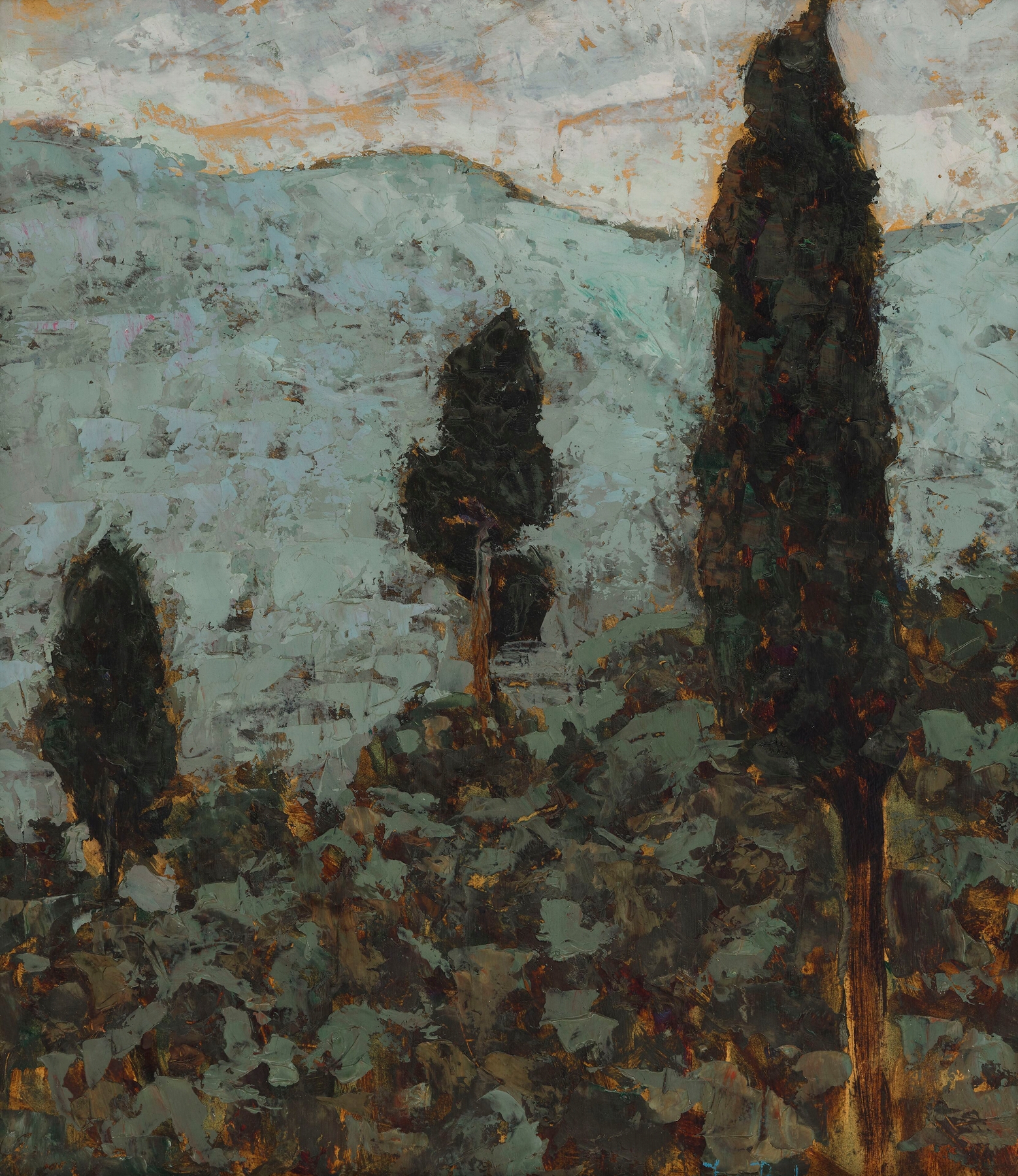 Cypresses under the Mountain by Jan Bohuszewicz, modernism, vibrant landscape with cypresses and sky