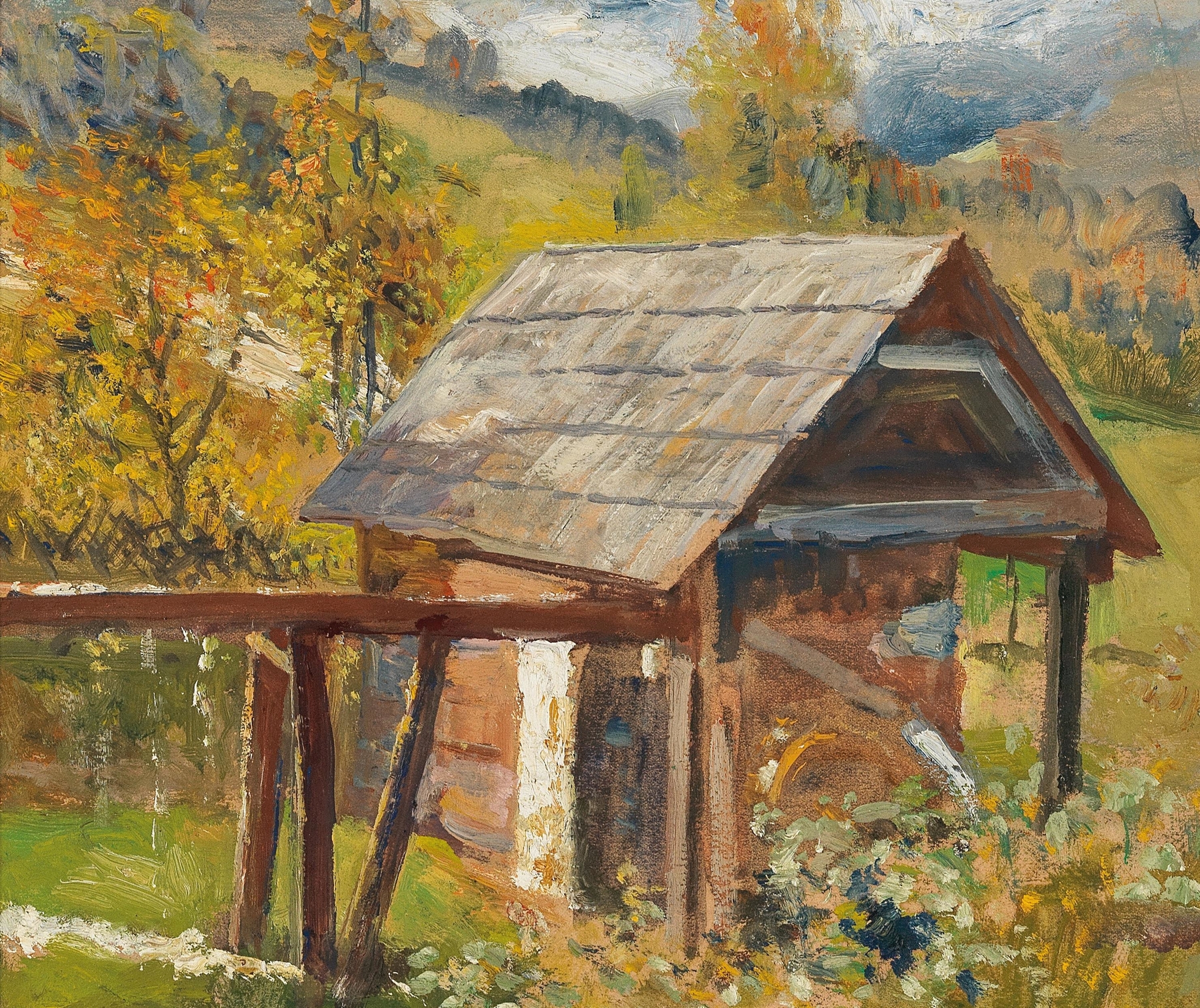 Old Mill in Gastein, oil on canvas by Marie Egner, depicting a rustic mill in a serene landscape.