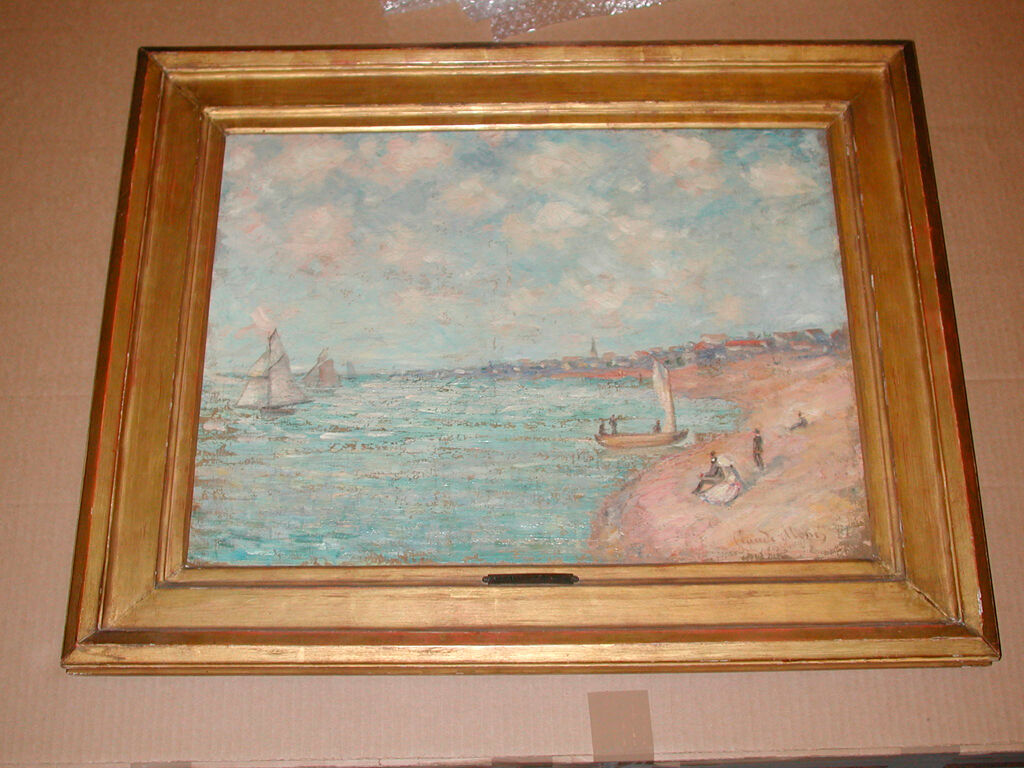 View of a Beach by Claude Monet, oil painting showing gentle waves and a serene sky.