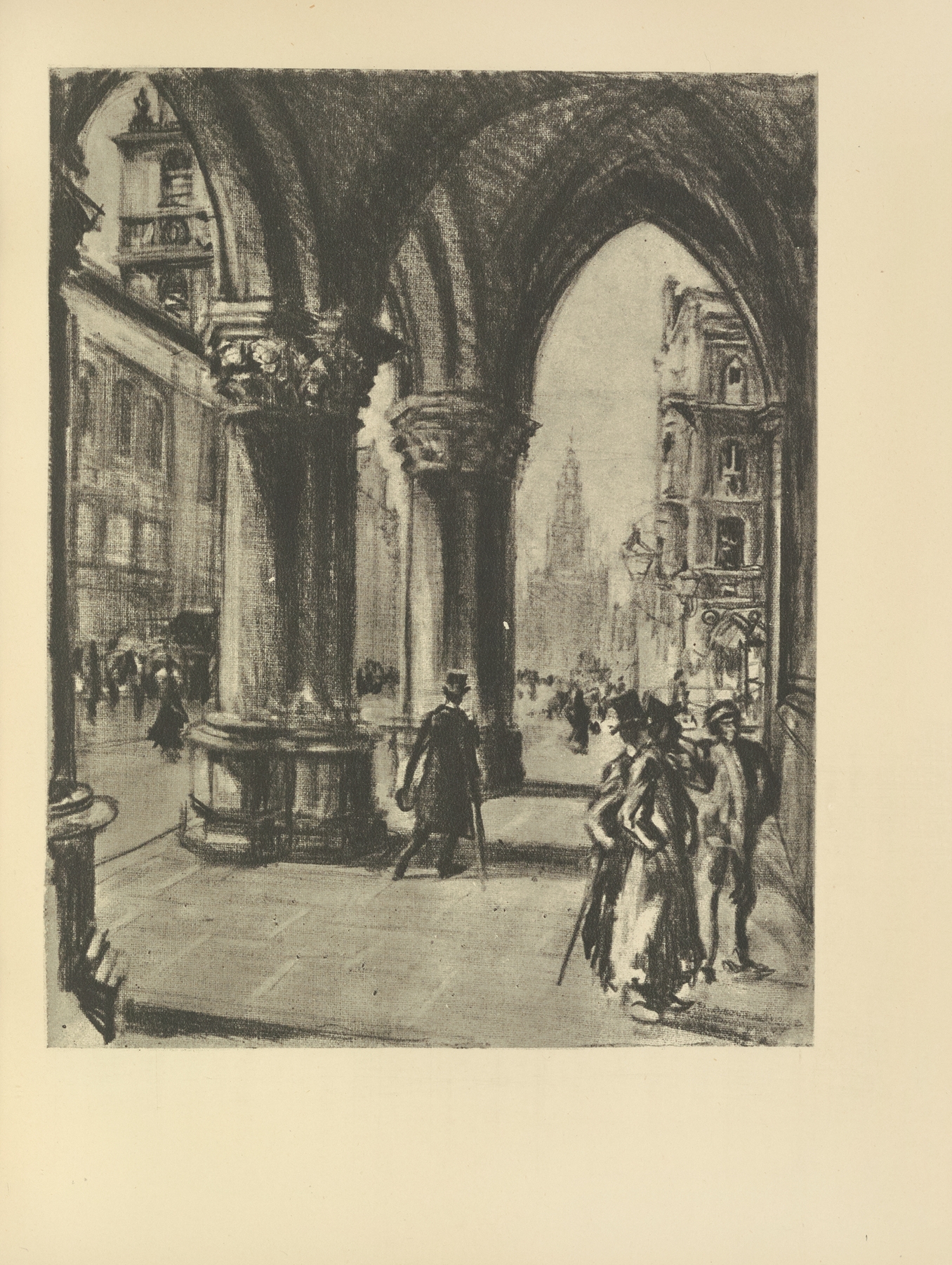 Lithograph by Joseph Pennell showing law courts with vibrant colors and urban elements.