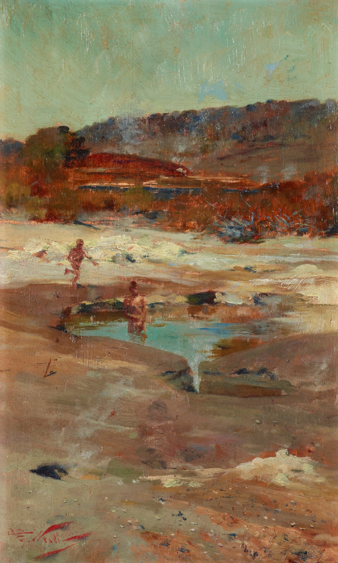 Landscape with tranquil blue waters and reflections, oil painting by Girolamo Nerli