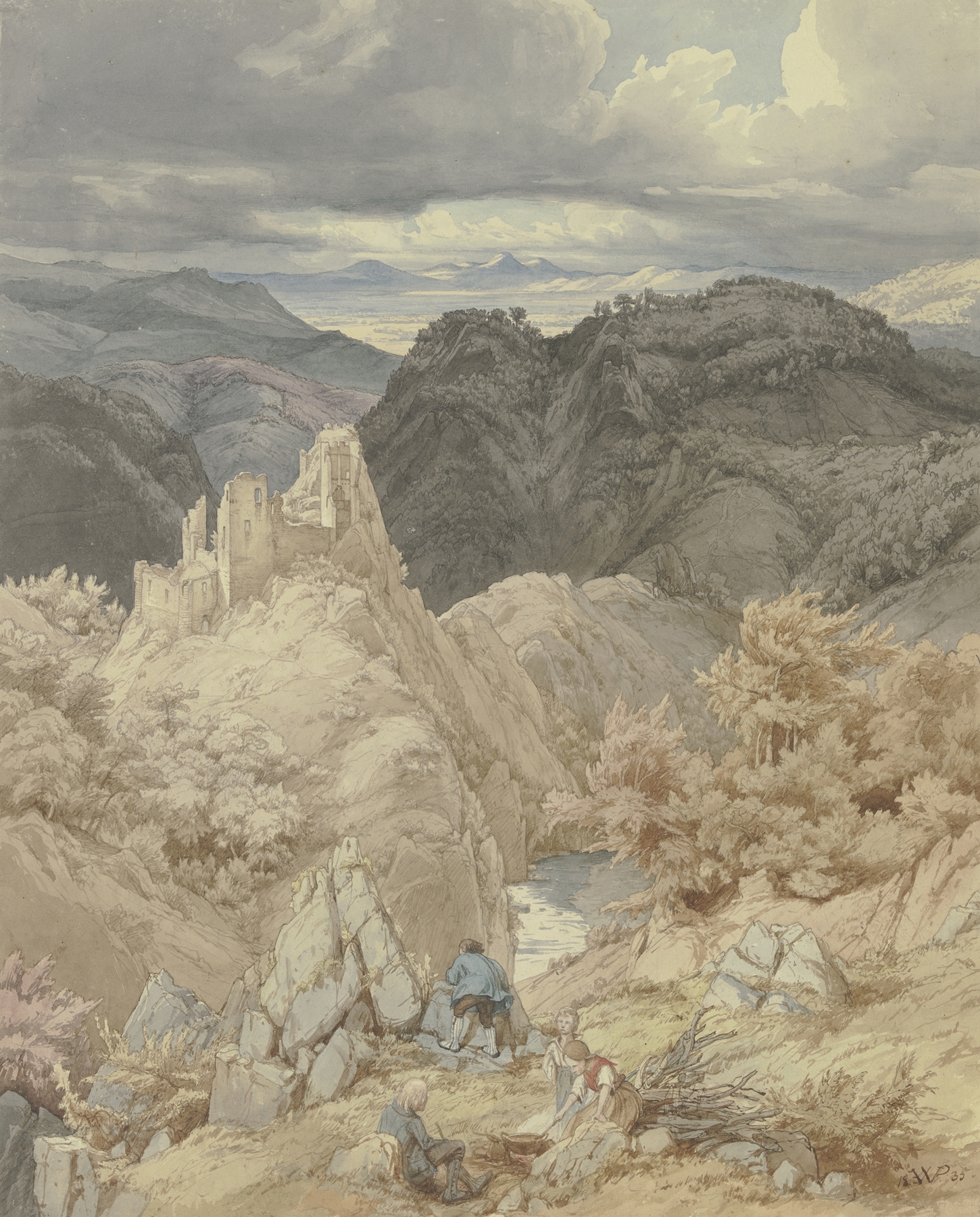 Landscape with ruins of Burg Are and resting wanderers, oil painting by Eduard Wilhelm Pose