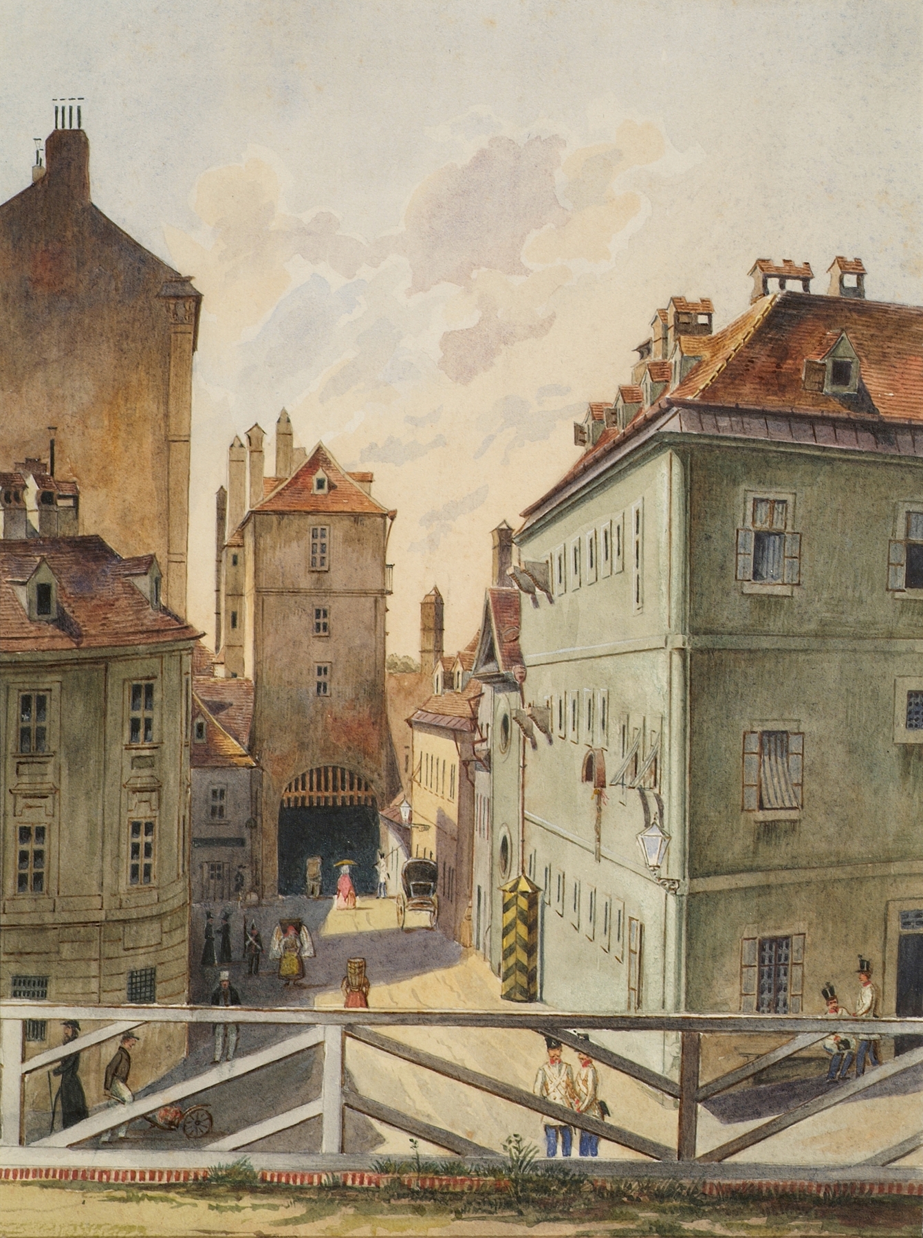 Das Neutor mit dem Stockhaus in Wien by Heinrich Lang, oil painting depicting an archway in Vienna.