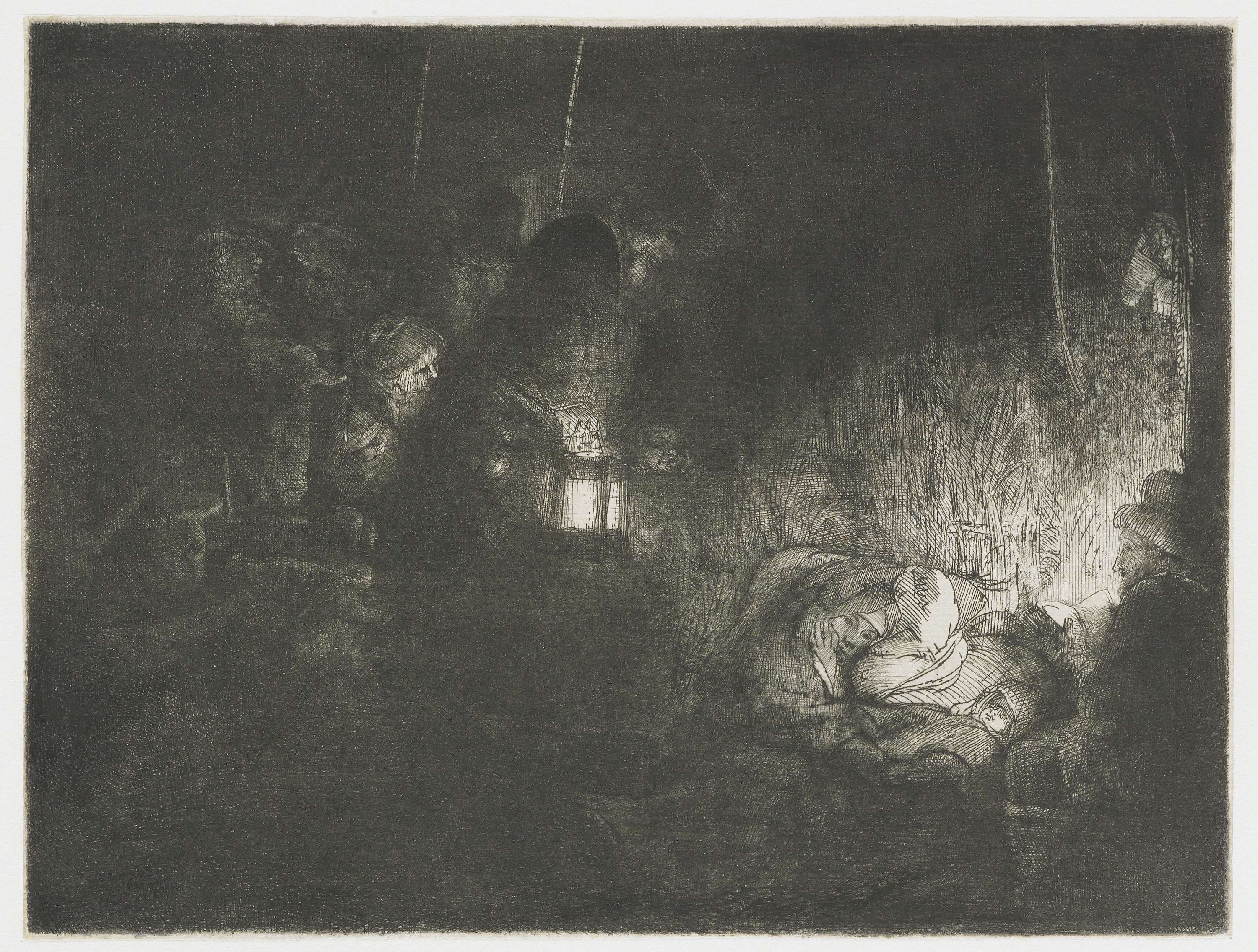 Etching by Rembrandt van Rijn depicting a nativity scene with shepherds and candlelight