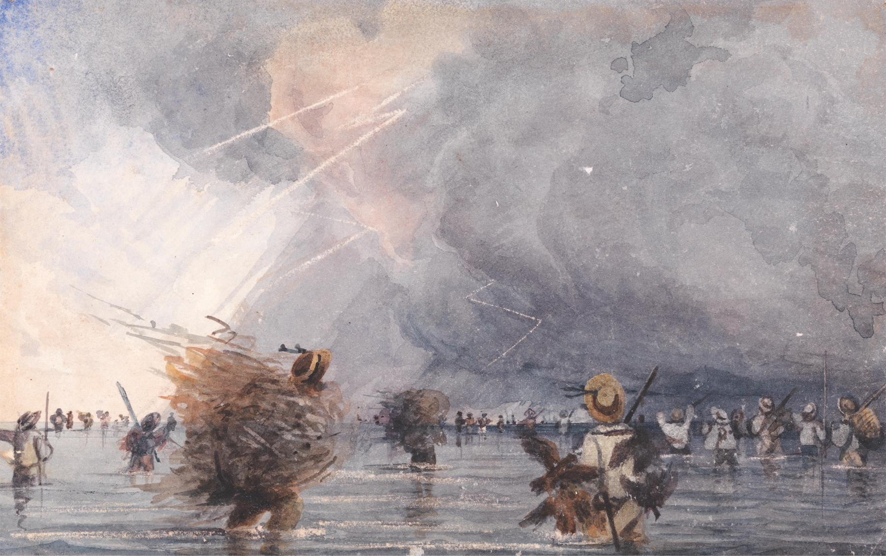 Peiho River Foraging Party by Lt. Joseph Sparkhall Rundle, oil painting depicting figures along a river