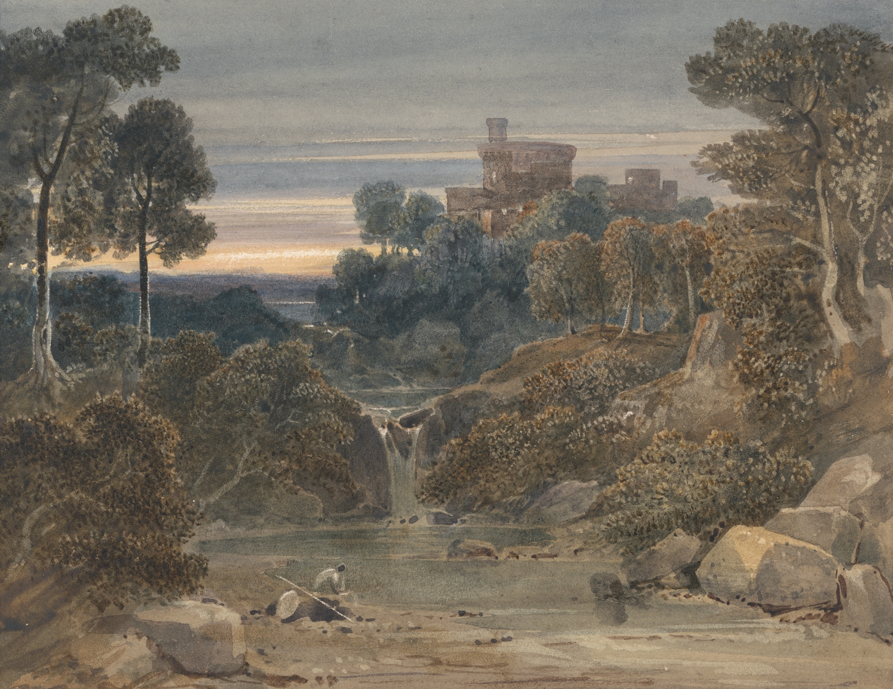 Landscape with Castle, Waterfall and Stream by Francis Oliver Finch, oil painting