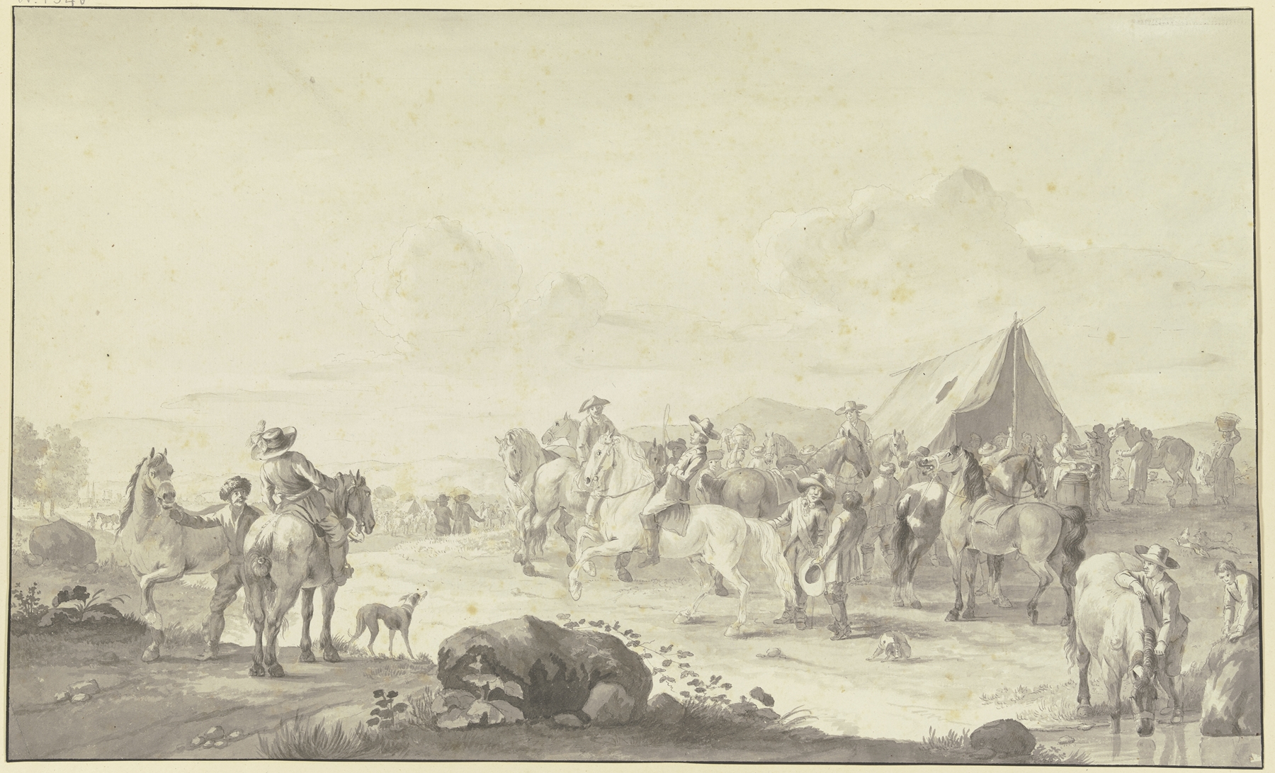 Genre scene depicting a horse drinking water at a market tent by Johann Georg Pforr