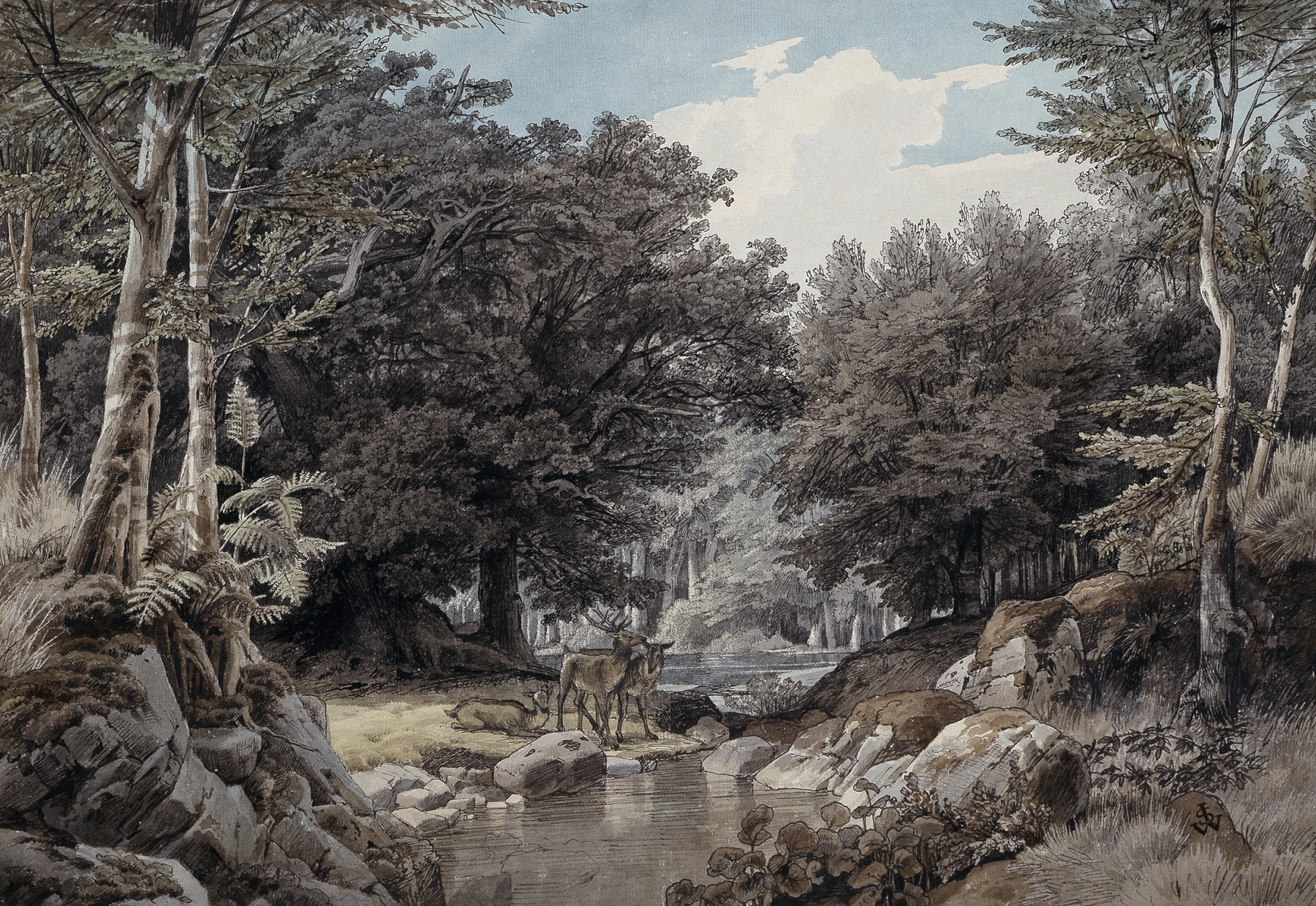 Waldinneres mit Hirschen am Wasser, by Johann Wilhelm Schirmer, public domain