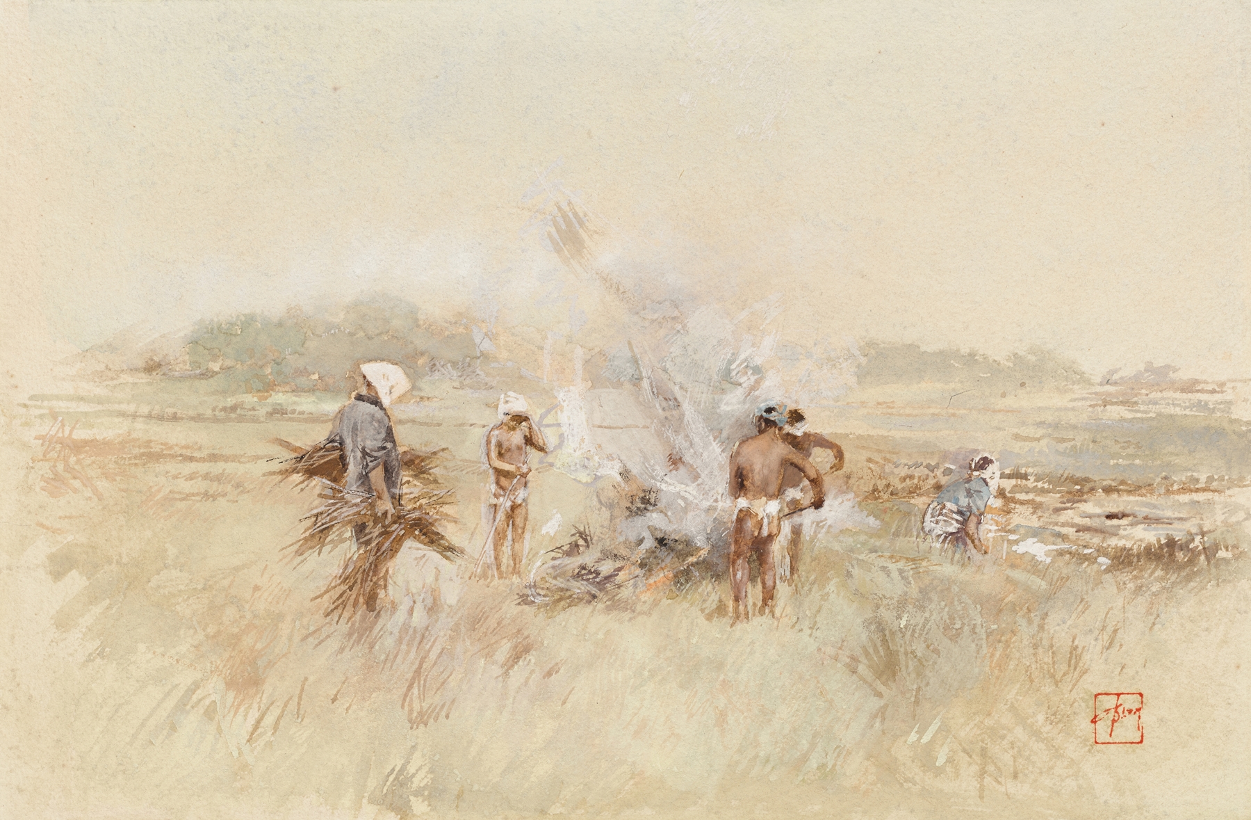 Genre scene oil painting by Robert Frederick Blum depicting a figure at a smoldering fire.