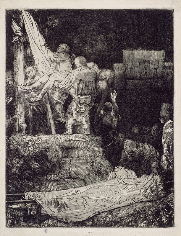 Rembrandt's 'The Descent from the Cross by Torchlight' captures a dramatic moment in a religious narrative.