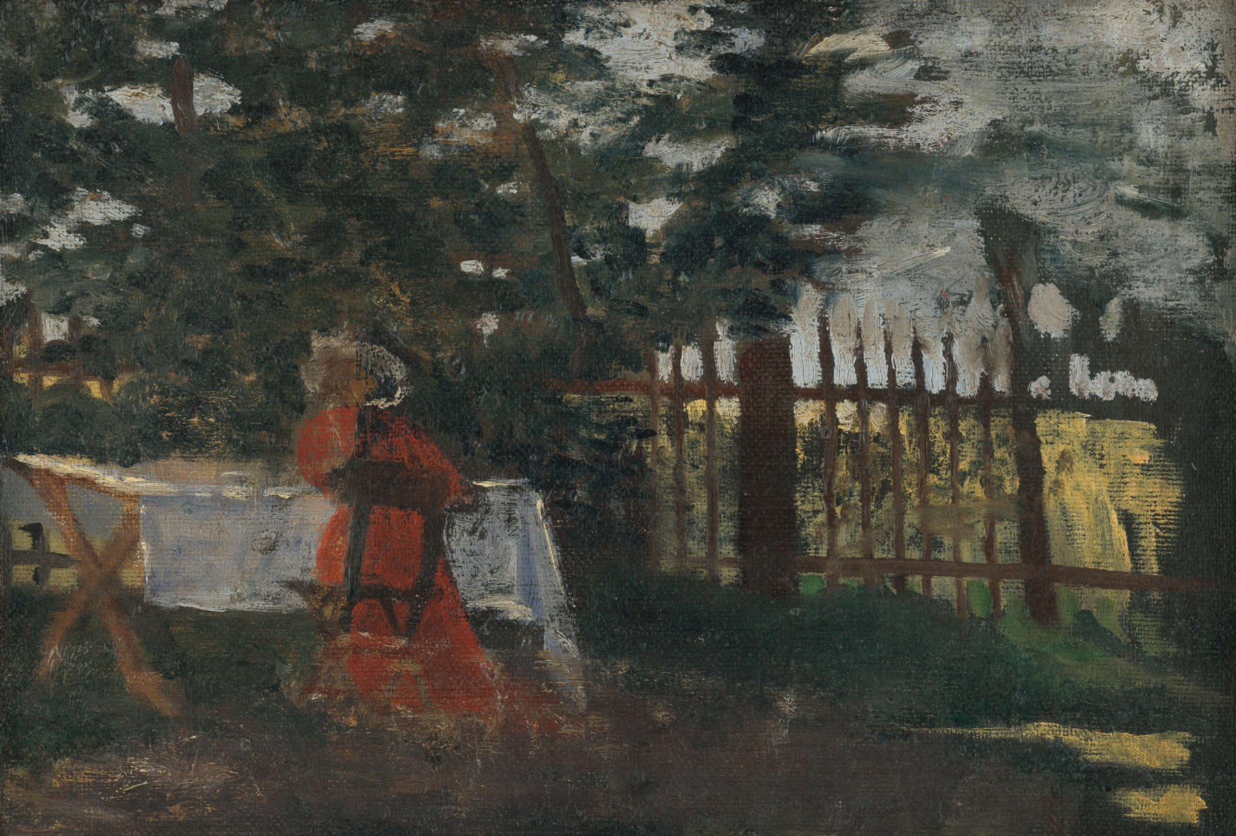 V záhrade by Konštantín Kövári-Kačmarik, depicting a garden with vibrant flowers and dappled light, oil painting.