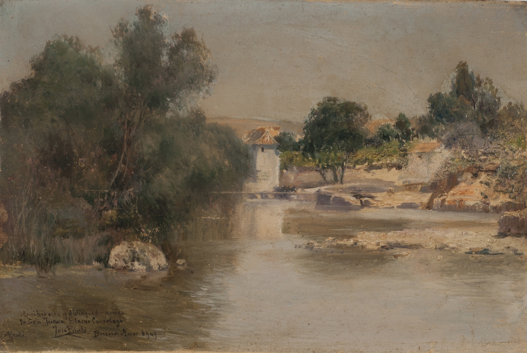 Oil painting by José Pinelo Llull depicting a river, horizon, and soft pastels