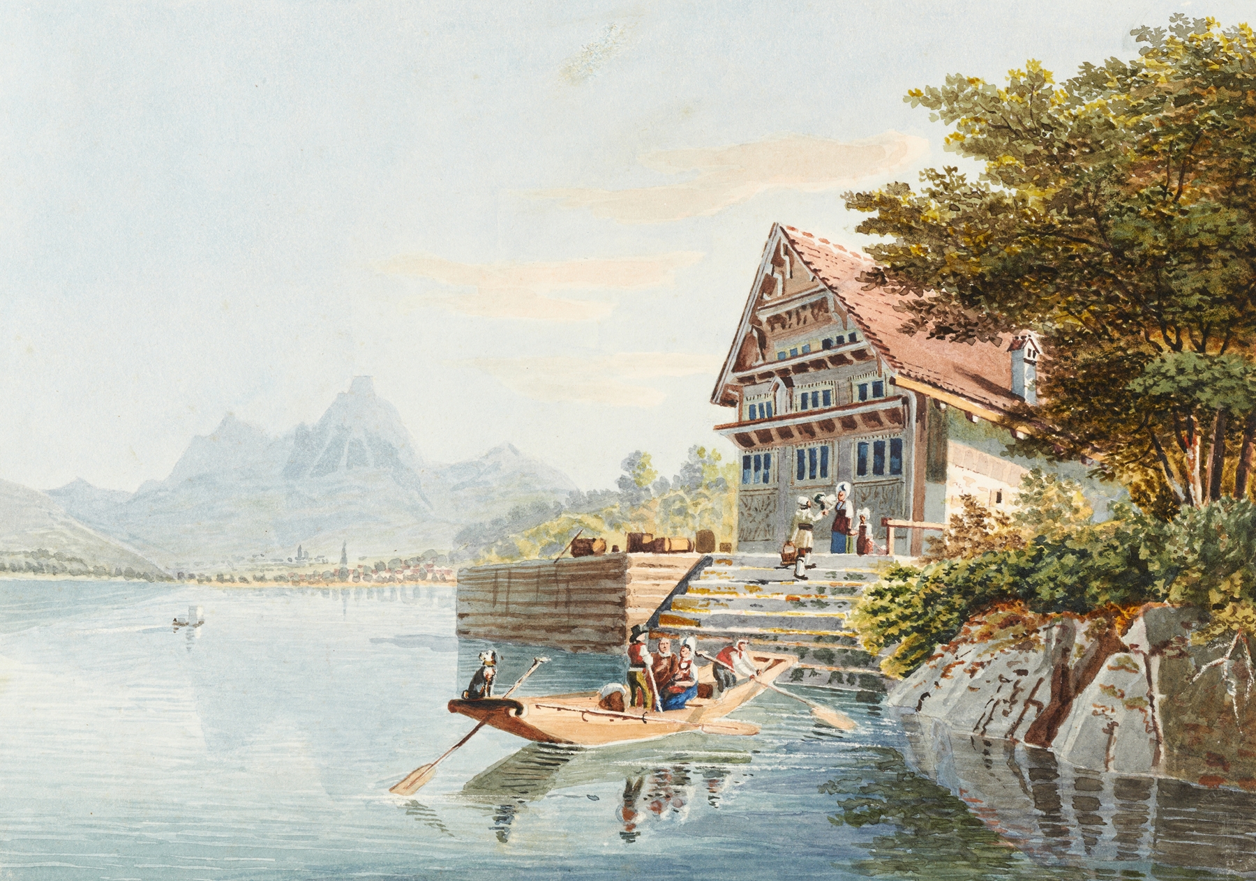 Oil painting by Gabriel Lory the Younger featuring an auberge by a lake and mountains.