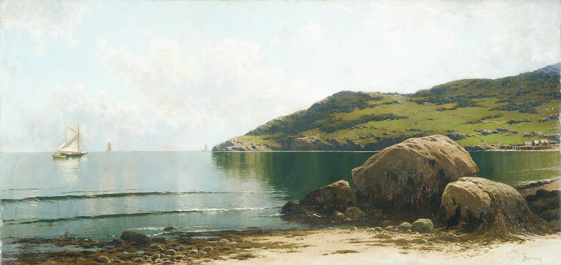 Marine landscape by Alfred Thompson Bricher, oil painting depicting ocean waves and a pale sky.