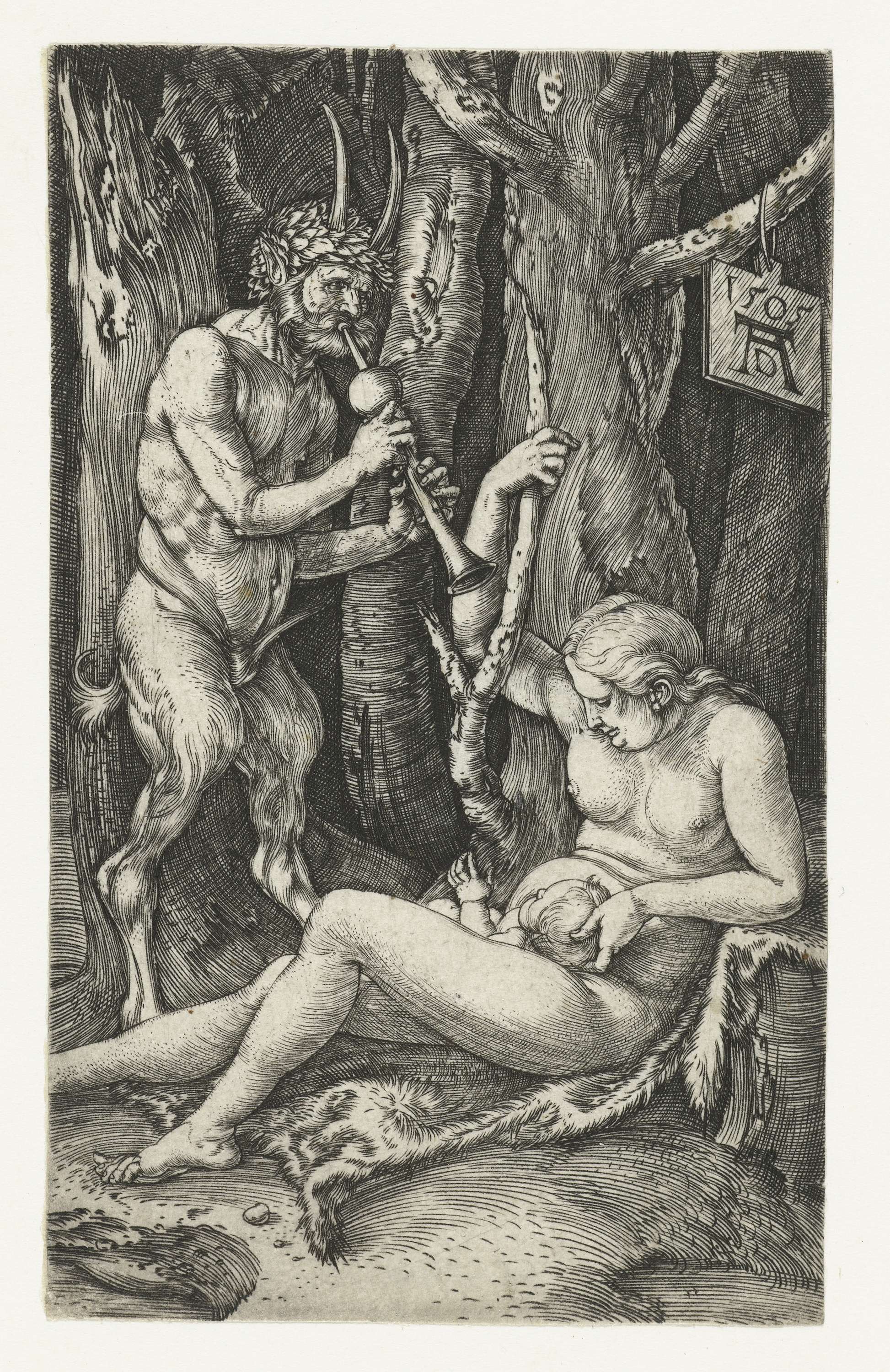 Engraving by Albrecht Dürer depicting a family of satyrs in a natural setting