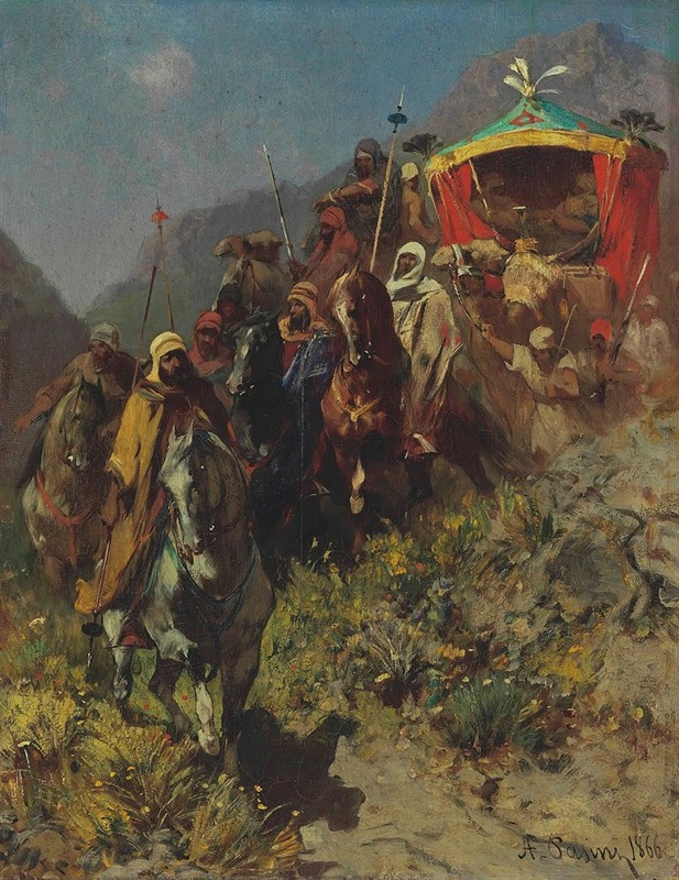 A caravan traverses a rugged mountain pass in this captivating landscape painting.