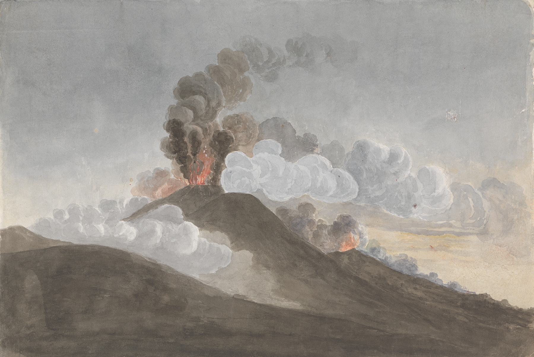 Vesuvius in Eruption by Isaac Weld, oil on canvas depicting a volcano erupting with smoke and fire.