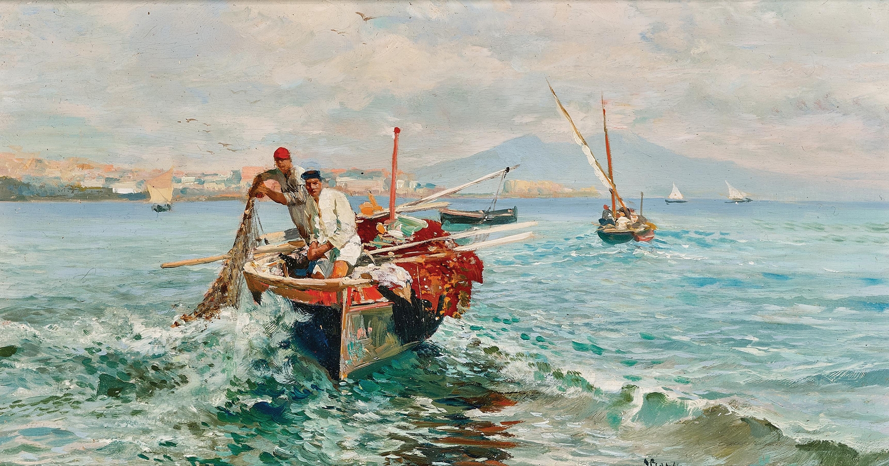 Fishermen by the coast of Naples, oil painting by Attilio Pratella