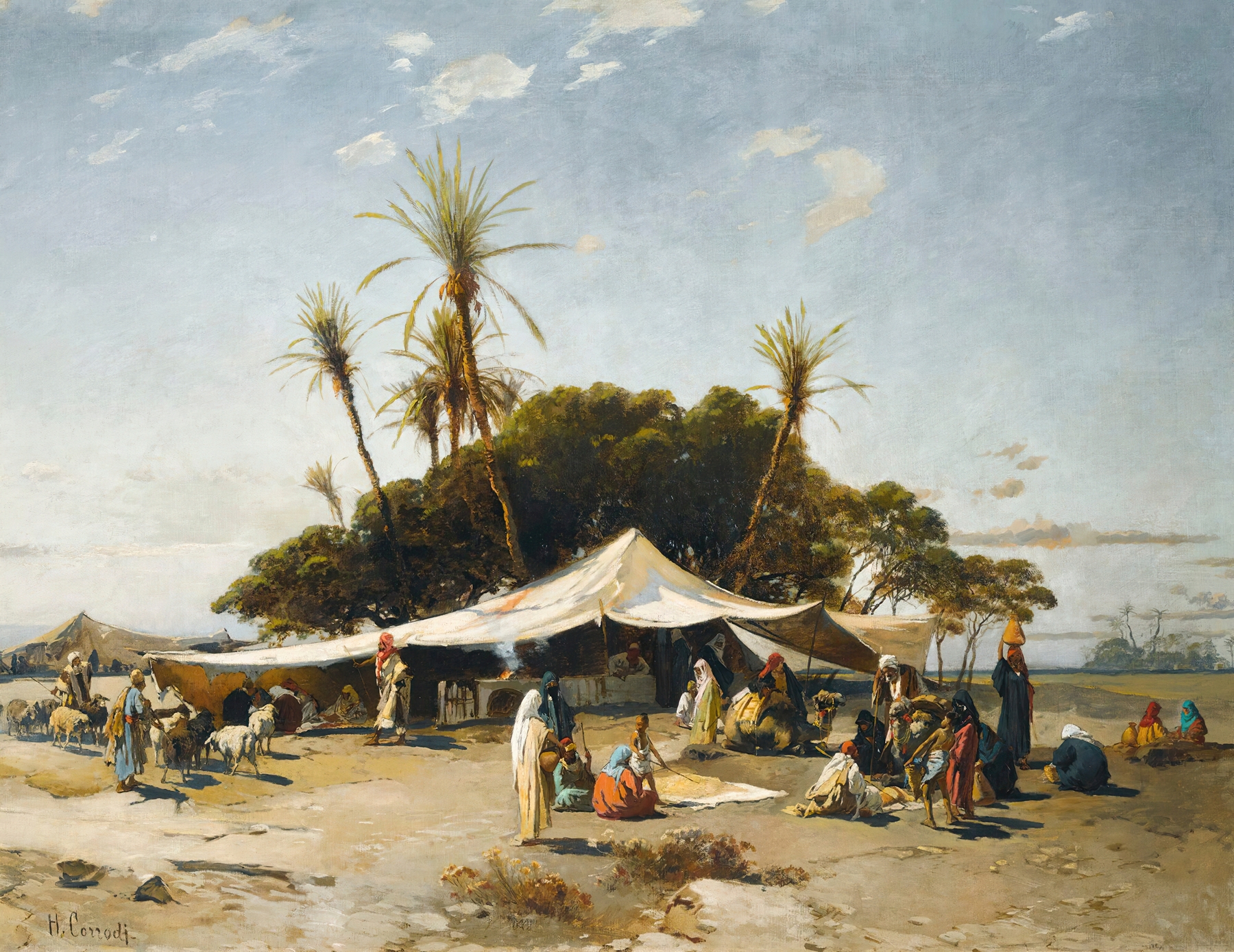 Landscape depicting a desert camp under a blue sky by Hermann David Salomon Corrodi, oil painting
