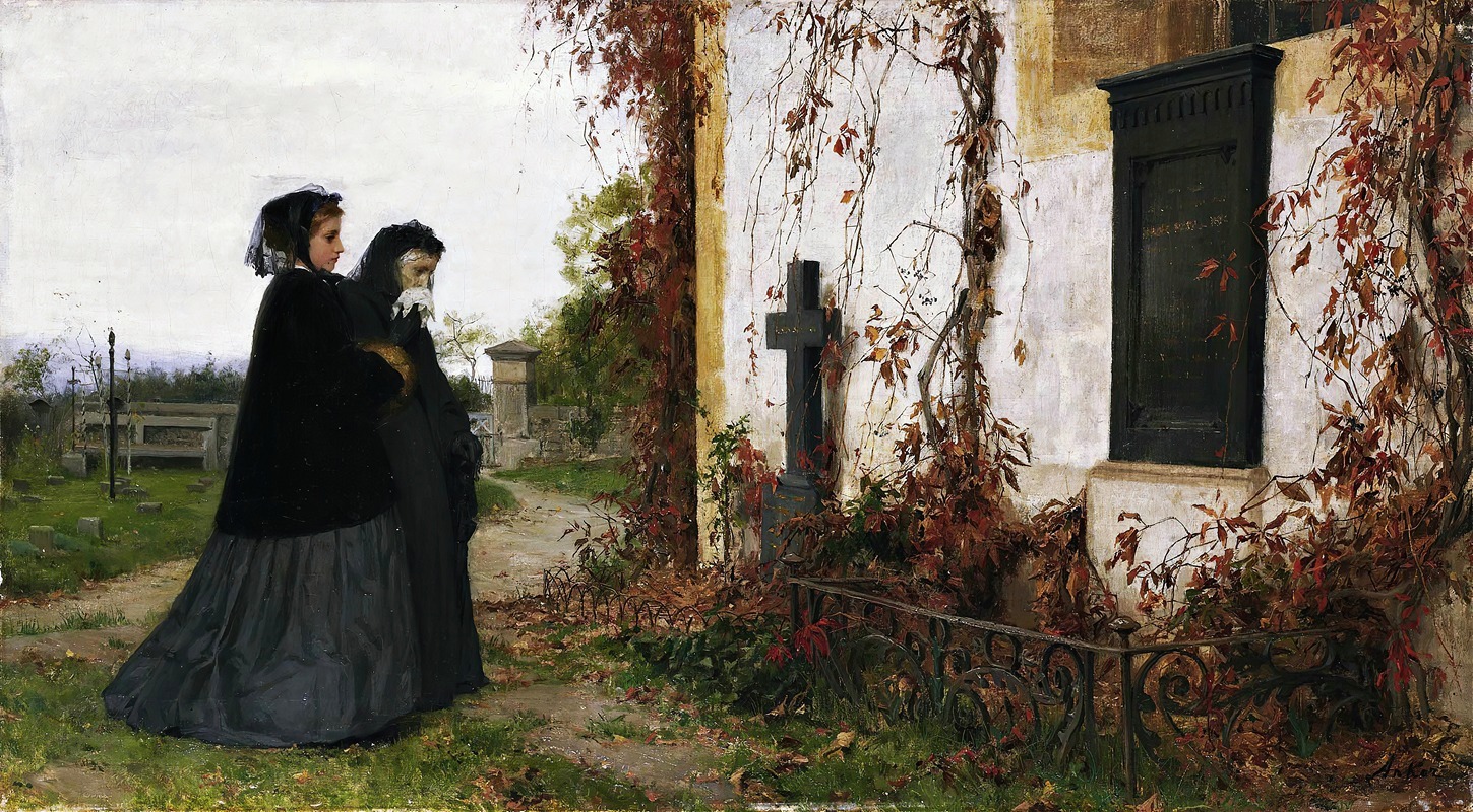 A poignant depiction of a cemetery scene by Albert Anker.
