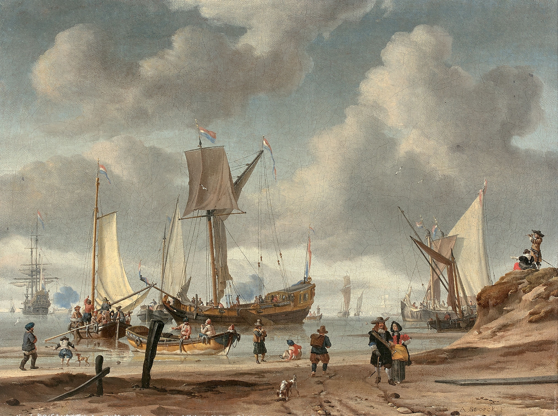 Scène de plage animée de personnages, by Abraham Storck, public domain