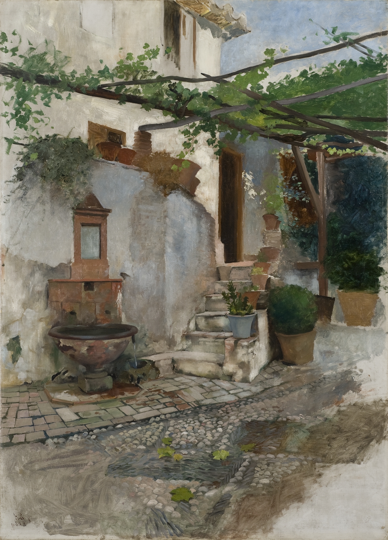 Interior scene with warm light and wooden beams, oil painting by Hugo Birger