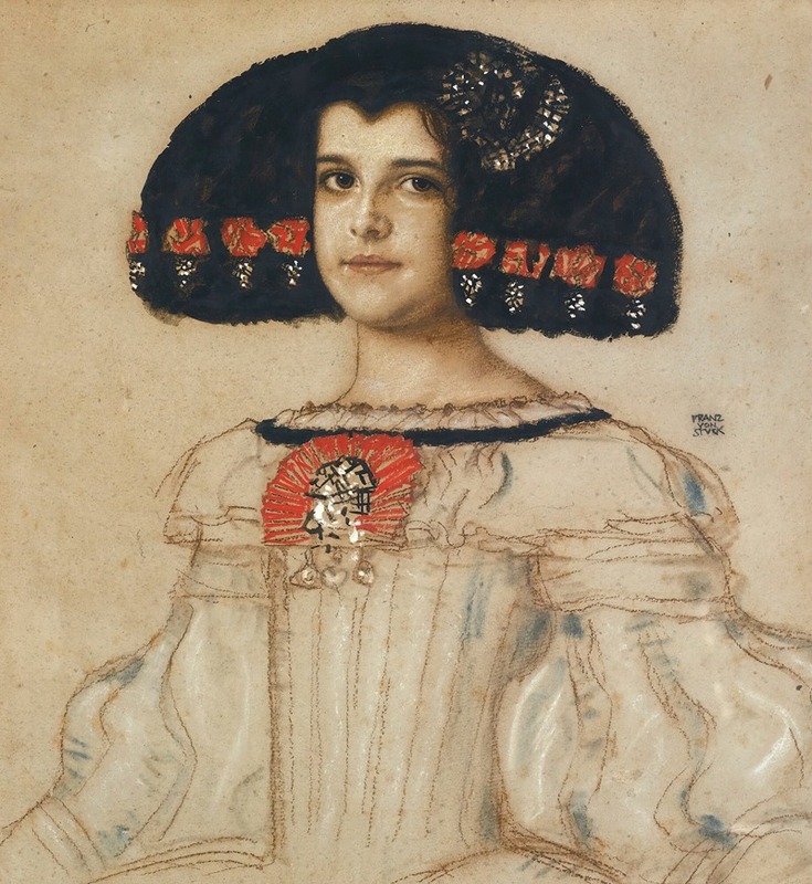 Franz von Stuck's painting of his daughter Mary in a Velasquez dress showcases a blend of personal and artistic heritage.