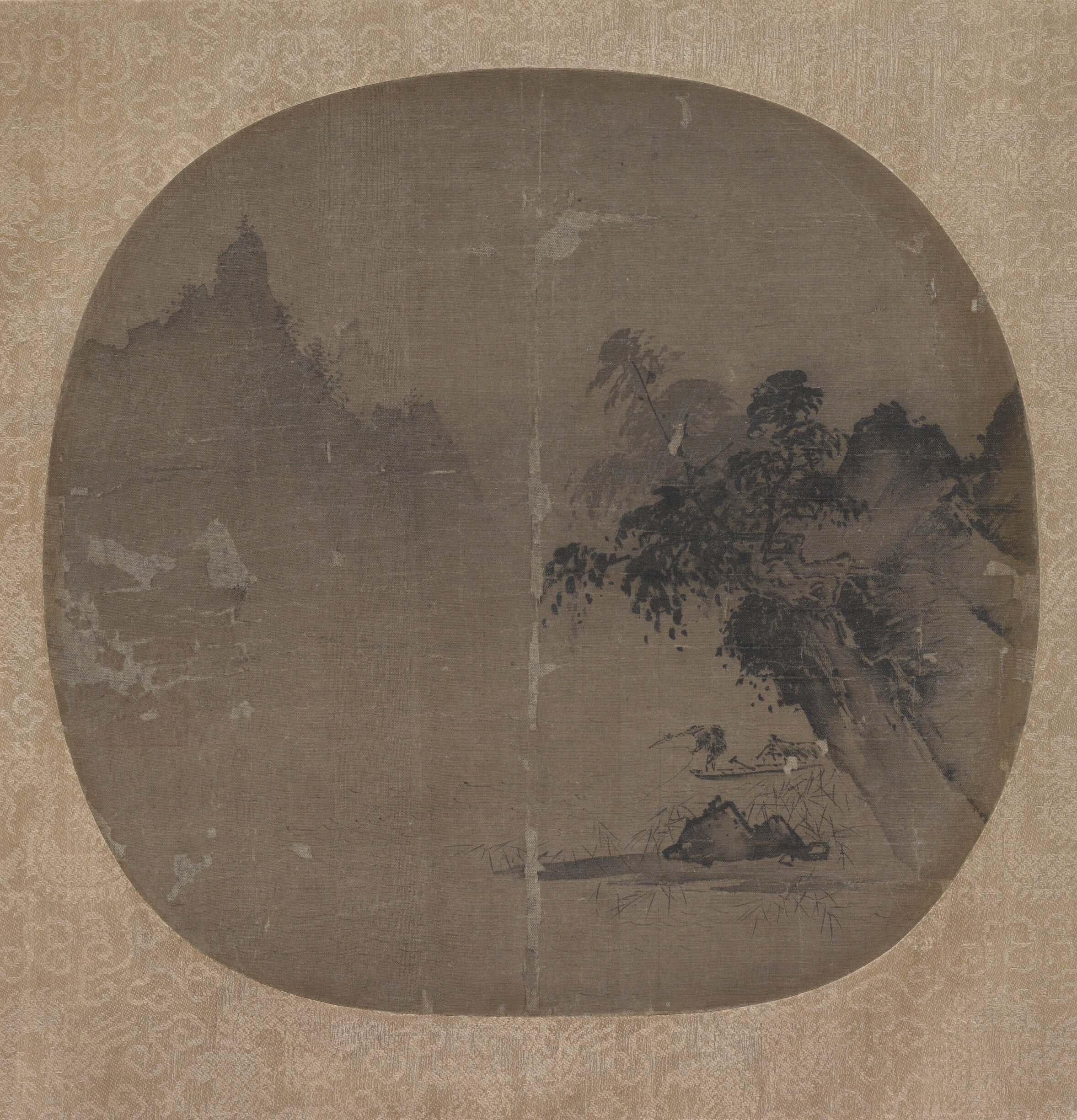 Misty landscape with a fisherman in a boat, ink on silk by Xia Gui