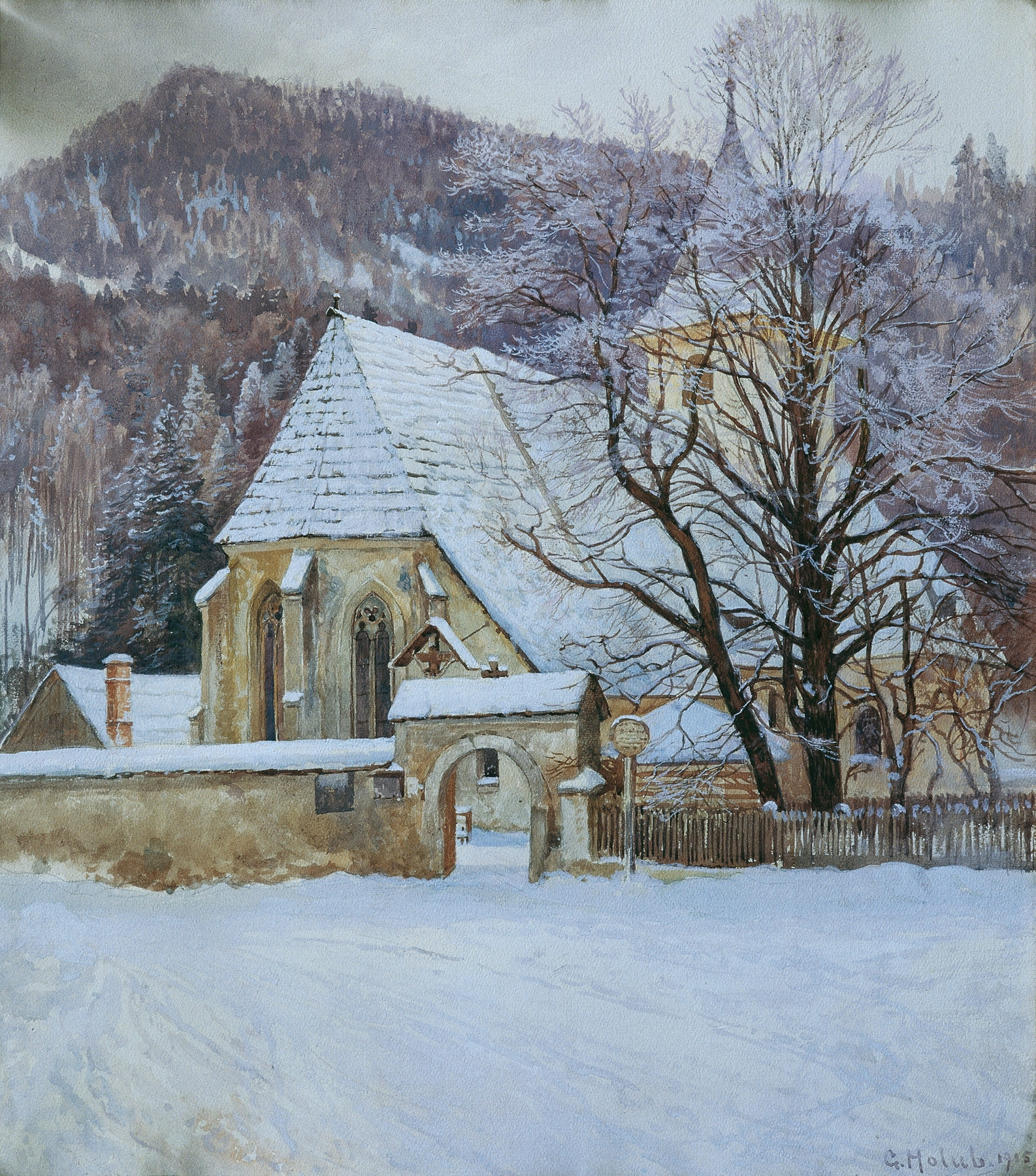 Winter landscape with an ancient Gothic church by Georg Holub, oil painting