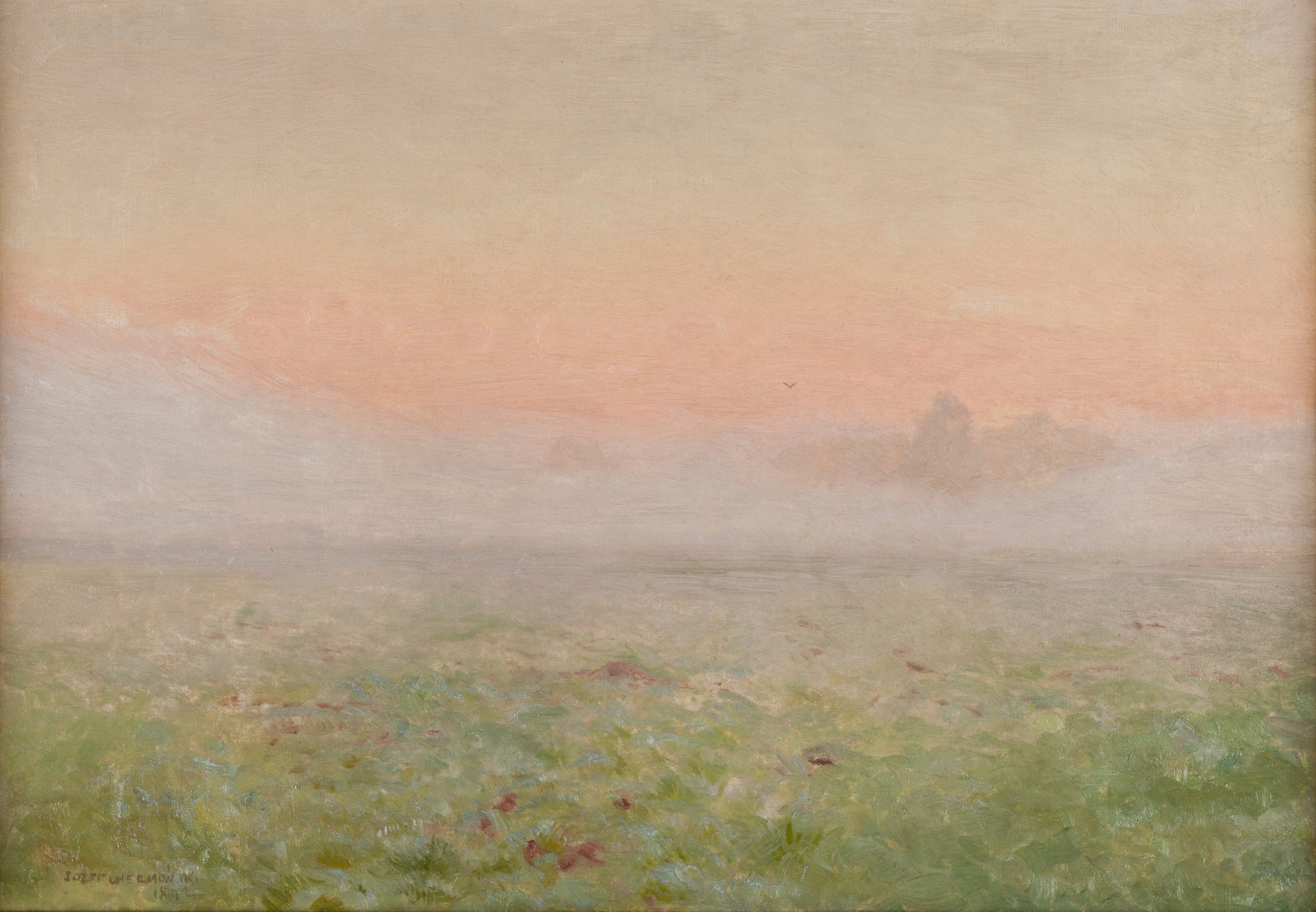 oil painting by Jozef Chelmonski depicting a serene landscape at sunrise