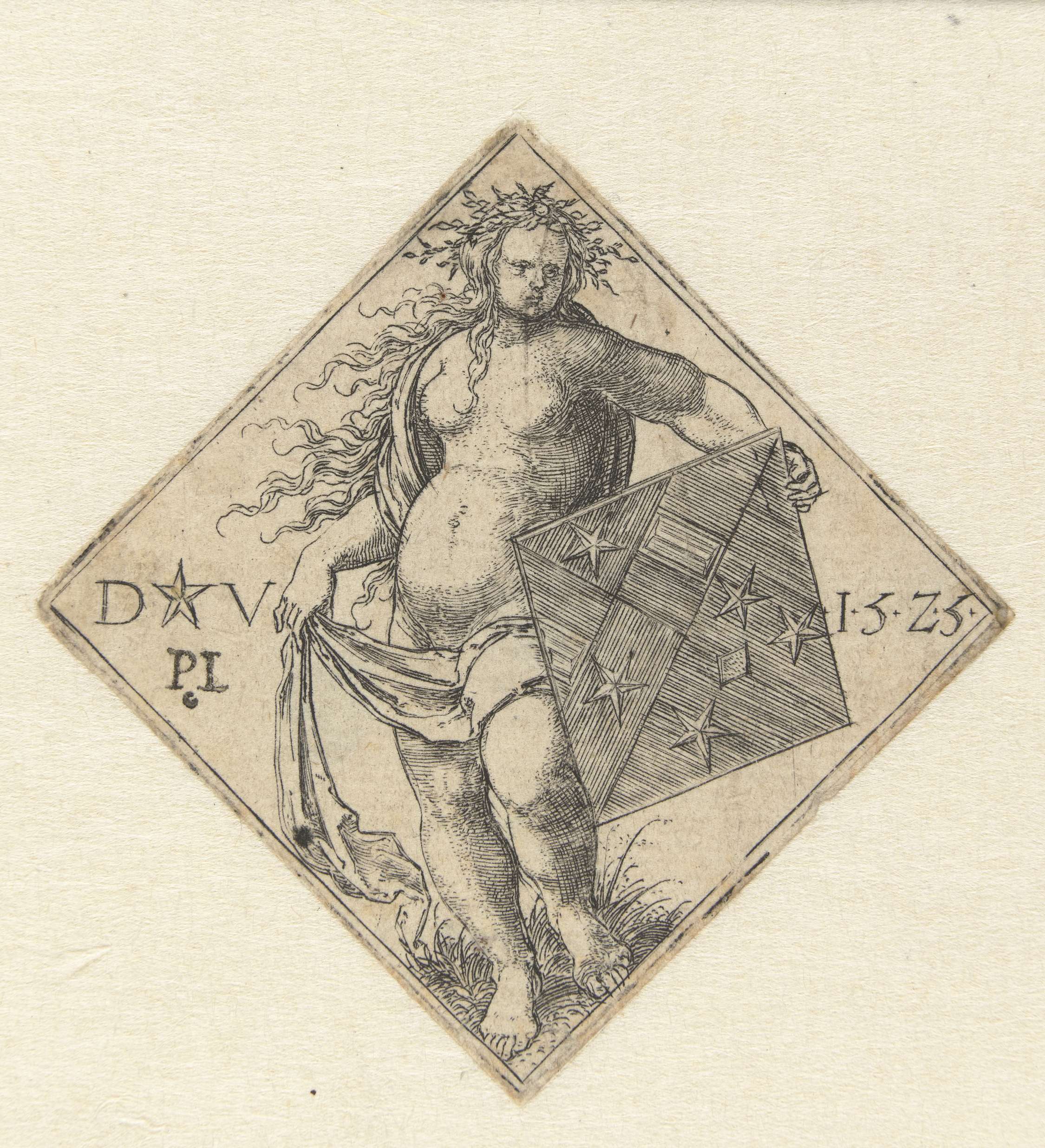 Nude female figure with a shield, engraving by Dirck Vellert