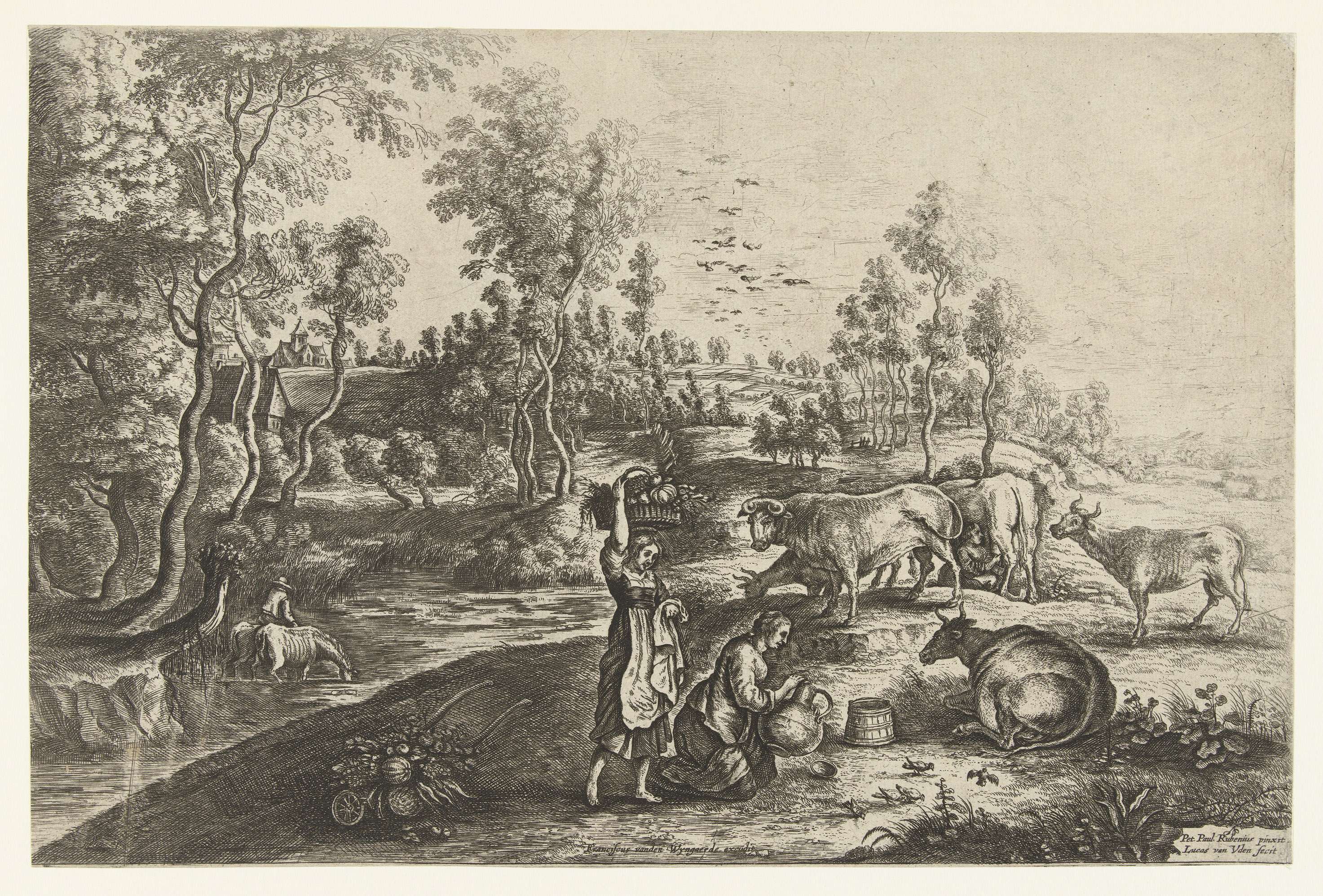 Etching by Lucas van Uden depicting a farmhouse in a tranquil landscape.
