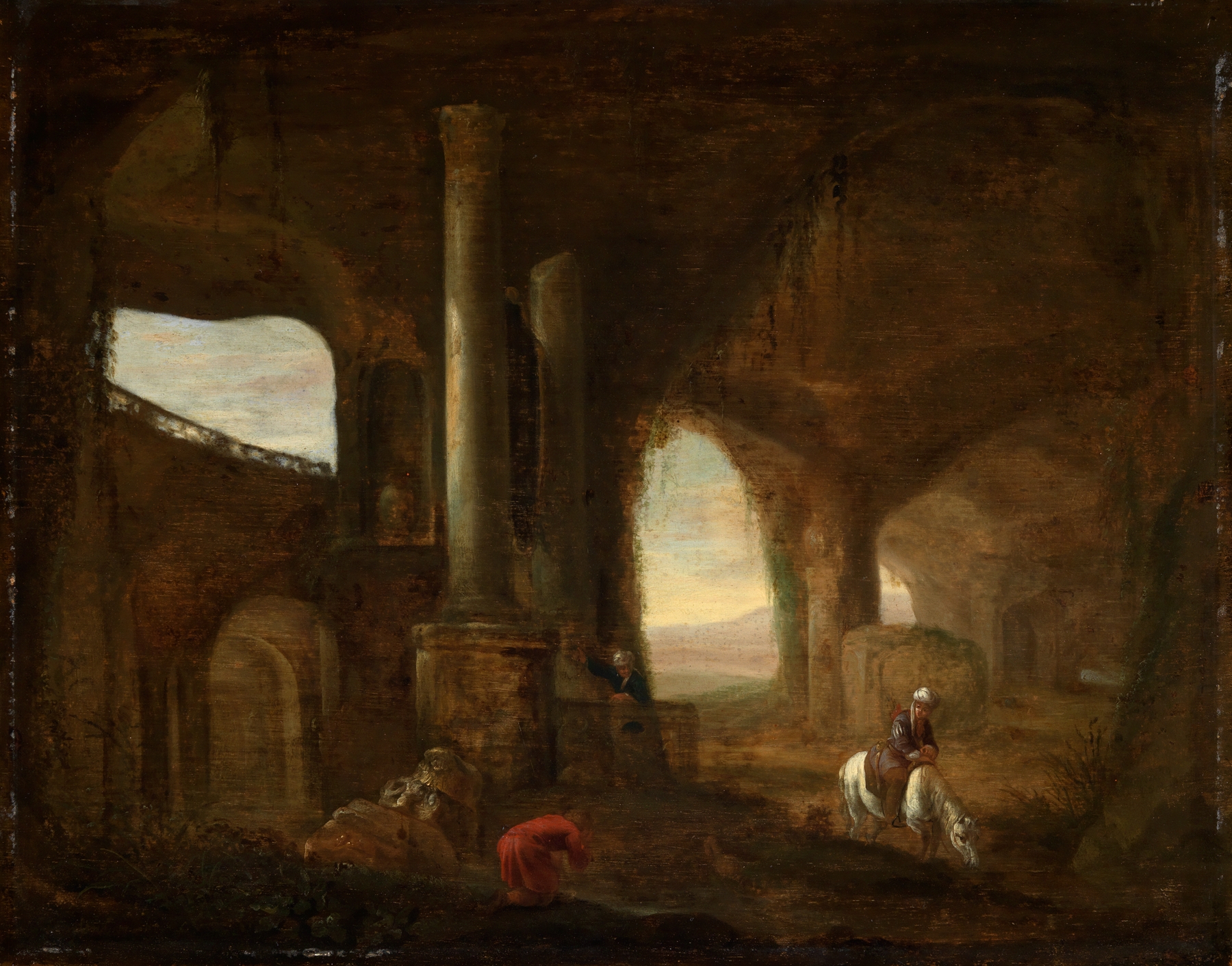 Interior scene with ruins and figures, oil painting by Abraham van Cuylenborch