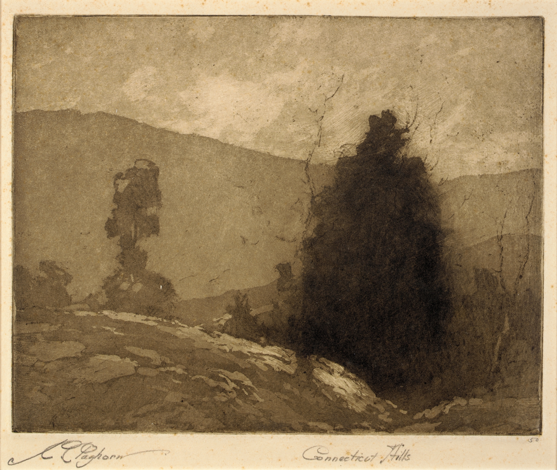 Landscape of rolling hills at twilight by Joseph C. Claghorn, oil painting