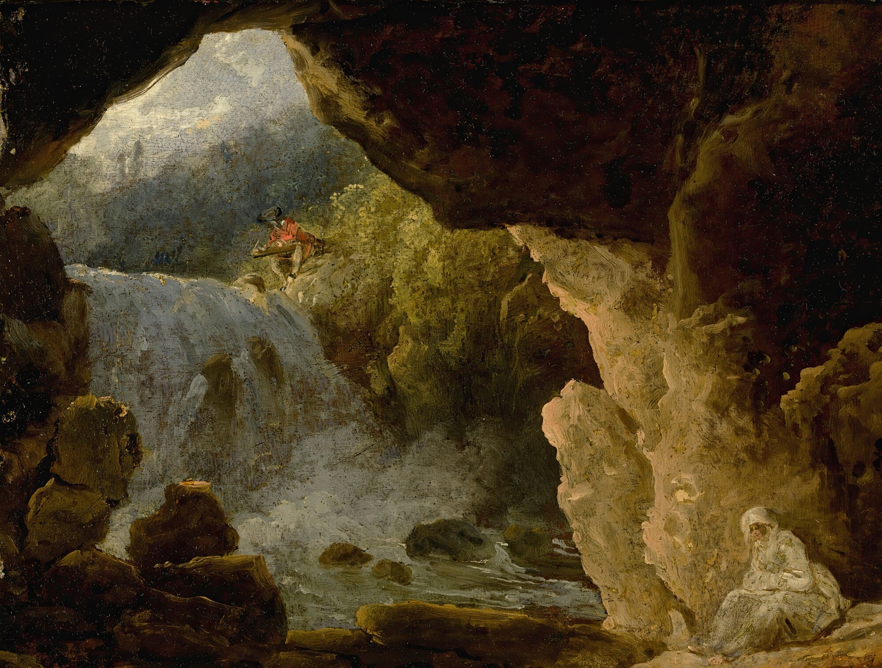 The Cave Of Neptune At Tivoli, Romanticism, French School, landscape with waterfall and rocks