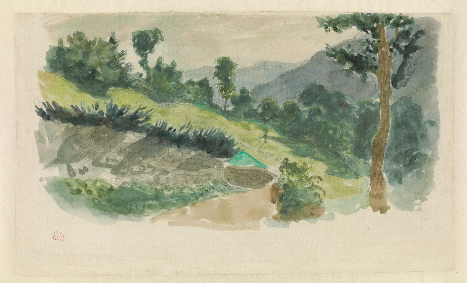 Path on the Side of a Mountain, Eaux-Bonnes, the Pyrénées, by Eugène Delacroix, public domain