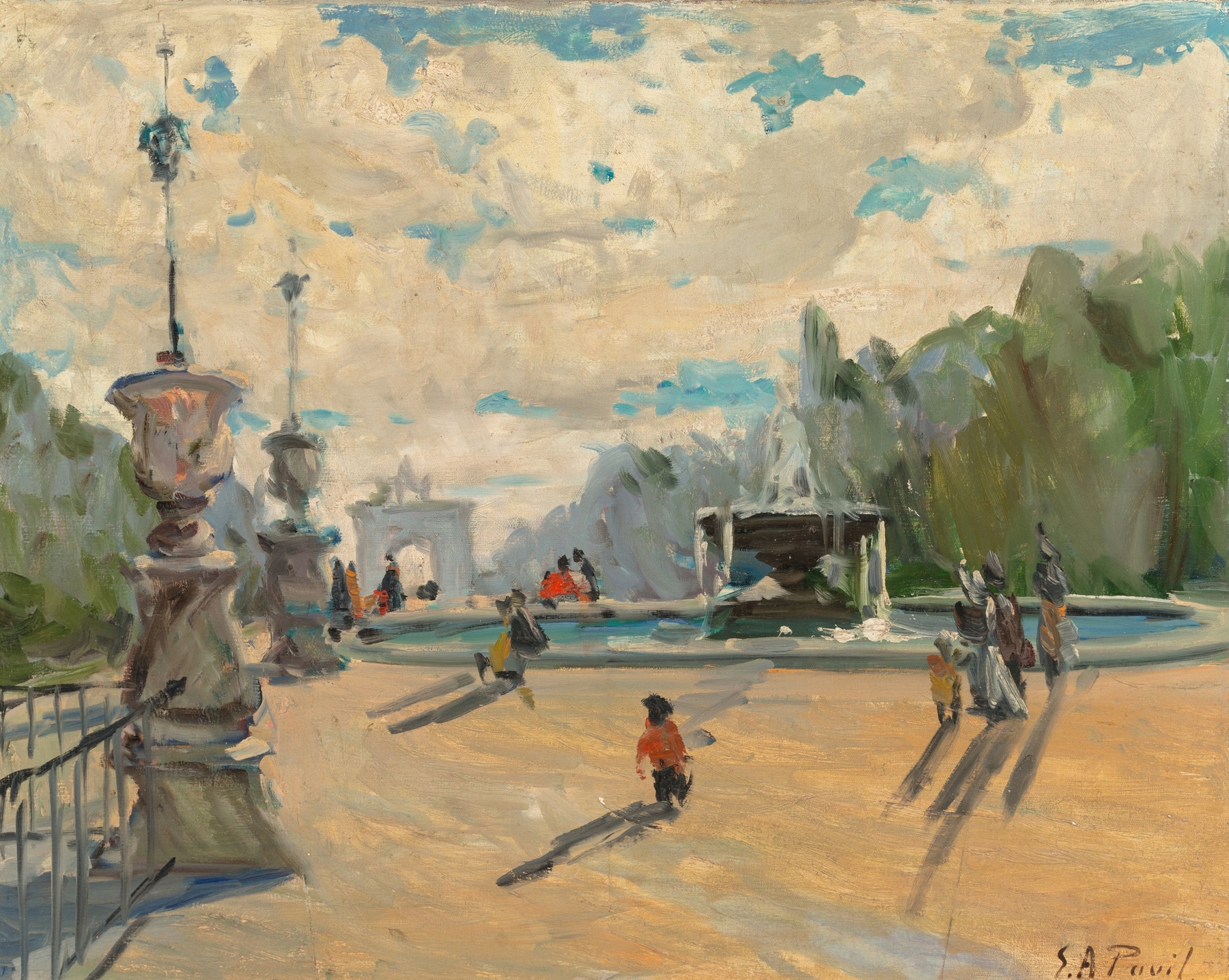 Genre scene with figures in Place du Carrousel, Paris by Elie Anatole Pavil, unknown medium