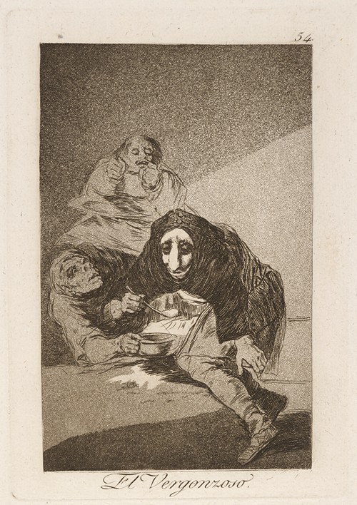 Francisco de Goya's 'El Vergonzoso' depicts a shamefaced figure in a dramatic setting.