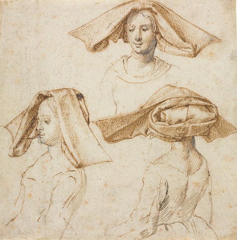 This painting features three studies of a woman adorned with an elaborate headdress.